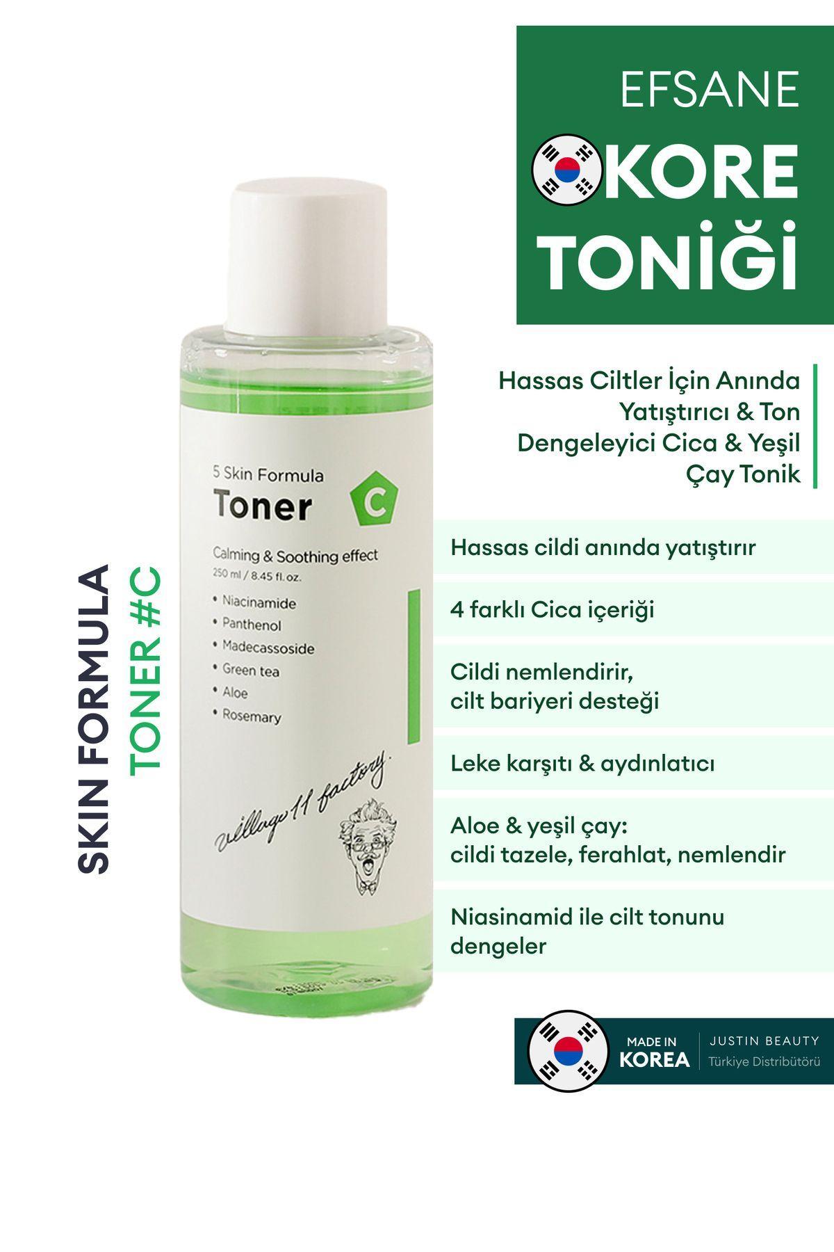 Village 11 Factory C Skin Formula Toner 250ml - Anında Yatıştıran ve Ton Dengeleyen Cica & Yeşil Çay Tonik