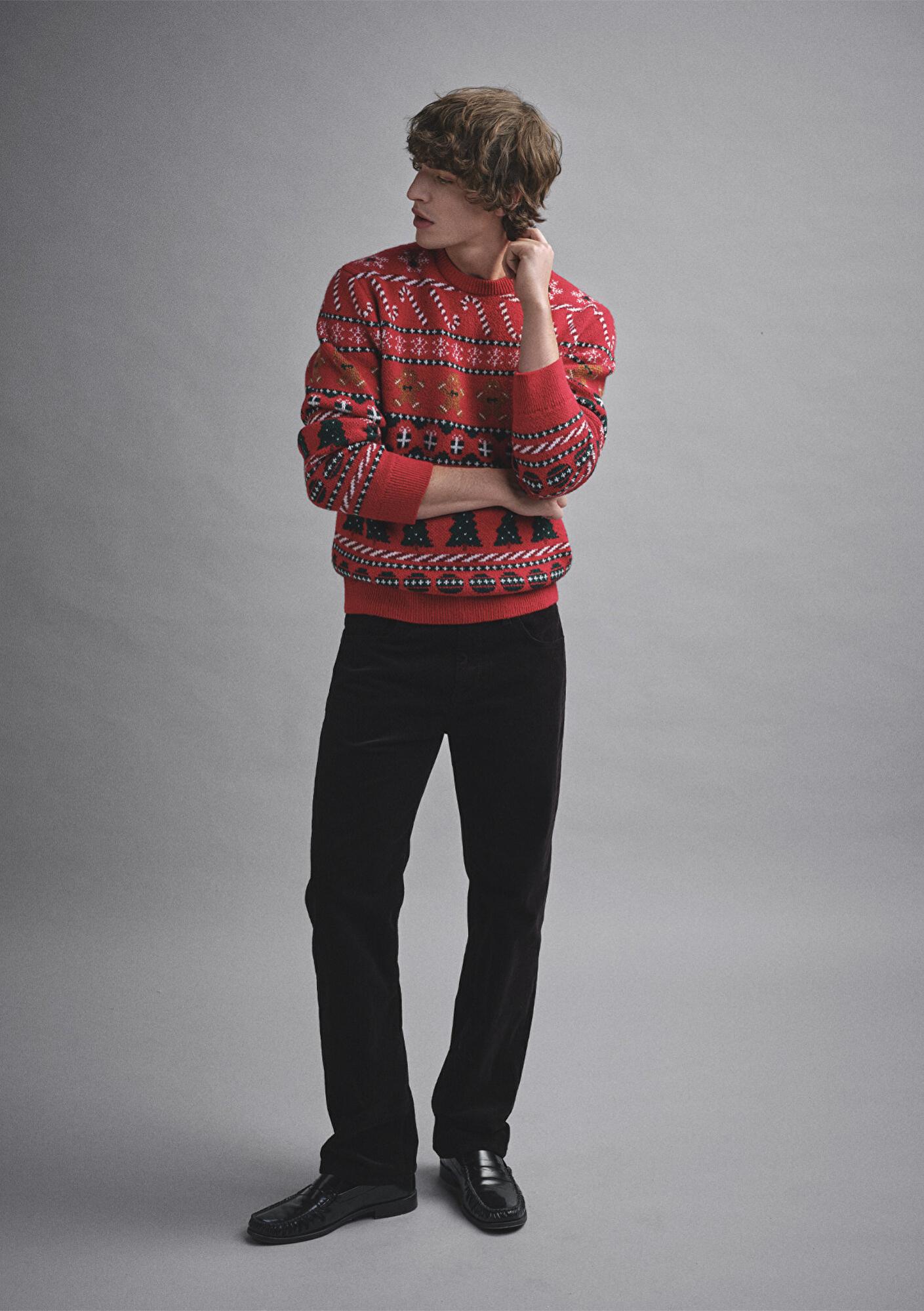 Mavi Yılbaşı Temalı Kırmızı Kazak Regular Fit / Normal Kesim 0710403-85905