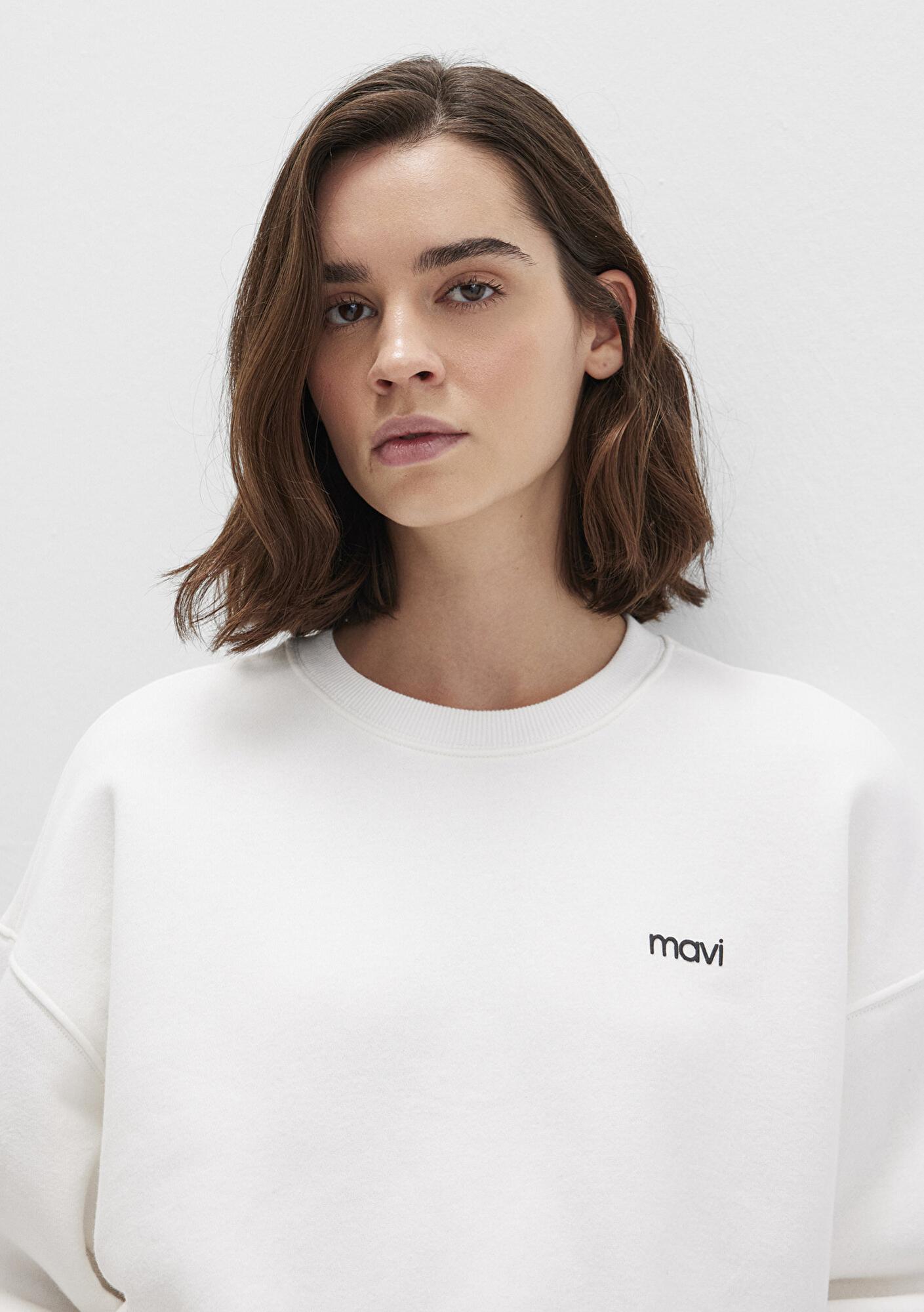 Mavi Mavi Logo Baskılı Ekru Sweatshirt 1S10490-70057