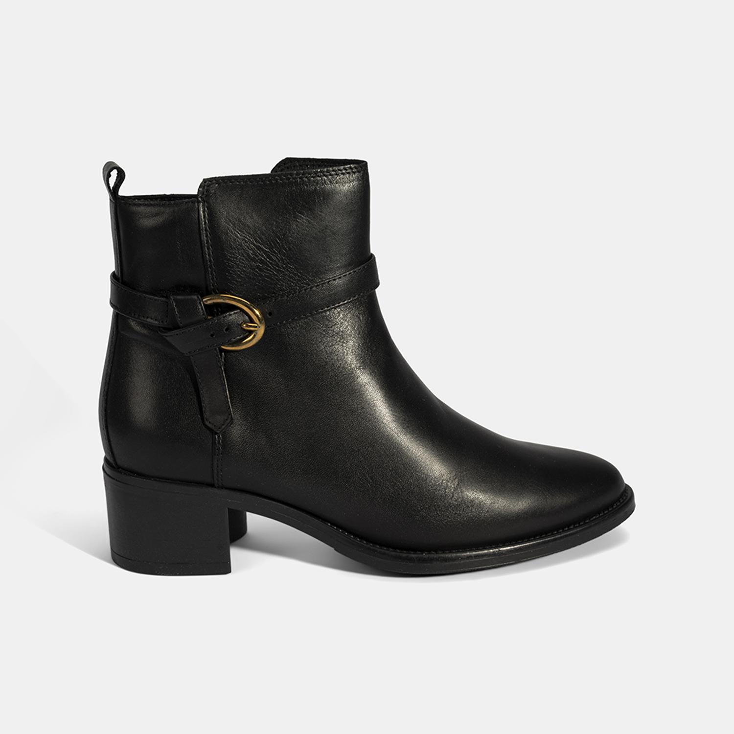 Kadın Siyah Ayarlanabilir Metal Tokalı Topuklu Deri Bot