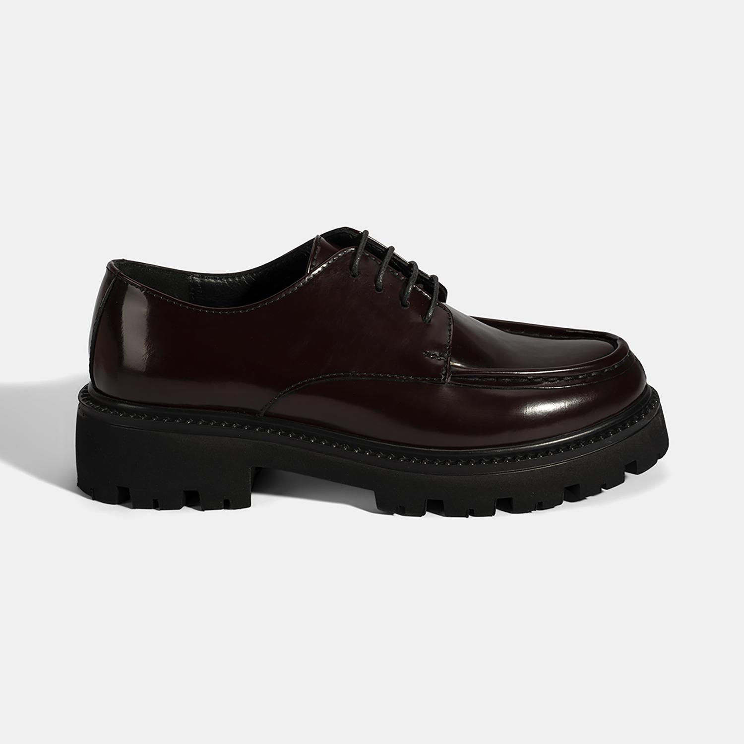 Kadın Bordo Bağcıklı Kalın Tabanlı Deri Günlük Ayakkabı