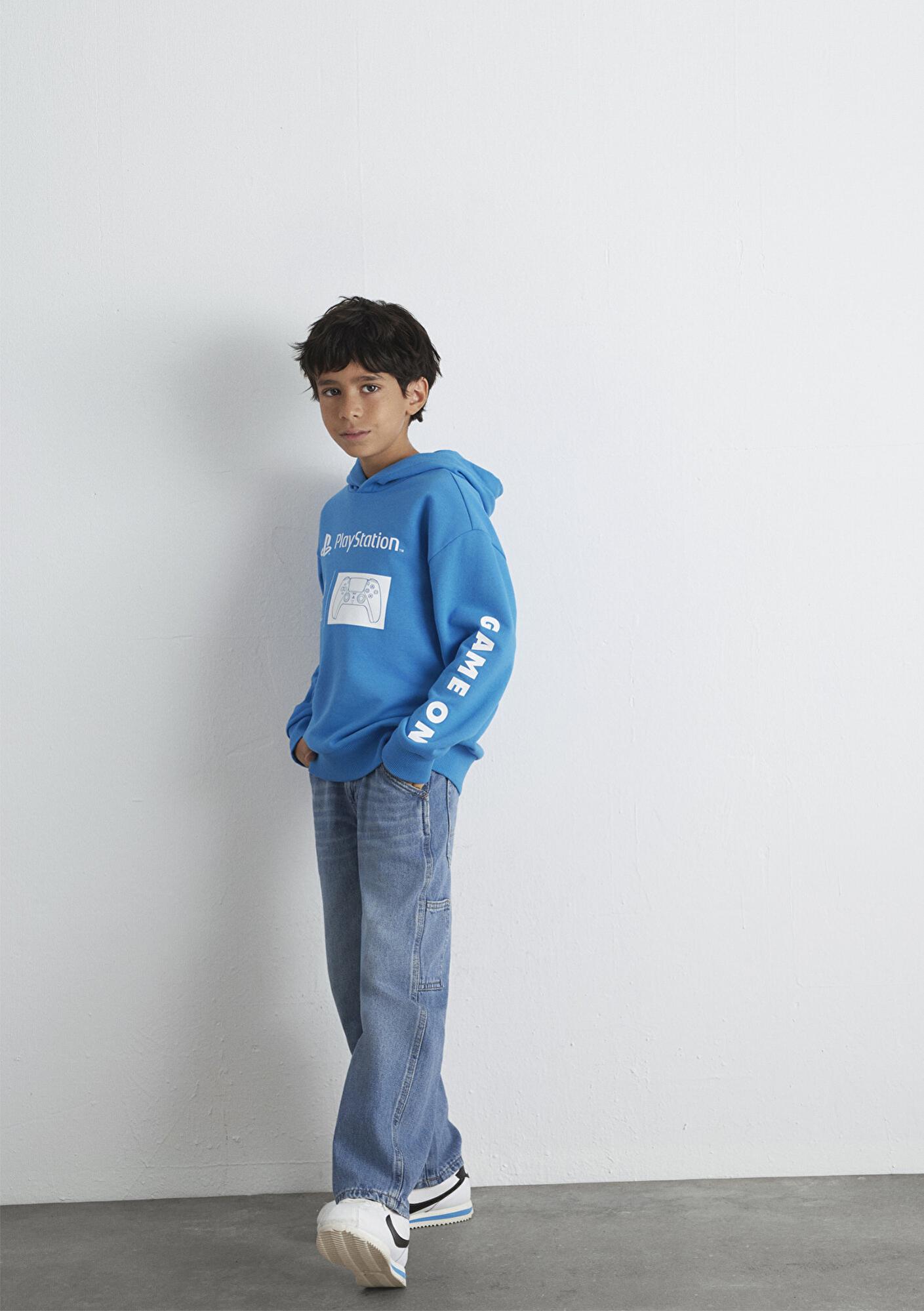 Mavi PlayStation Baskılı Kapüşonlu Mavi Sweatshirt 6S10131-70772