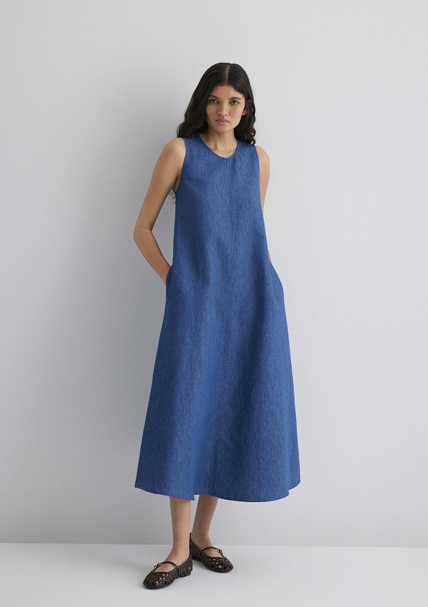 Mavi Keten Karışımlı Indigo Elbise 1310668-82052