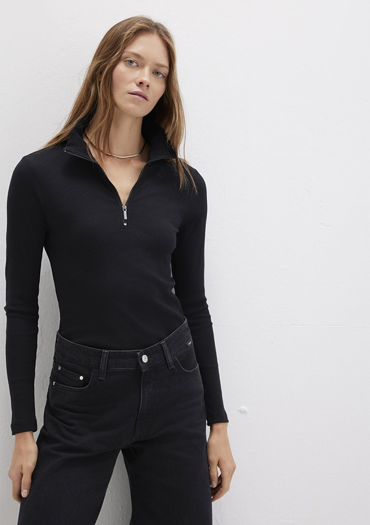 Mavi Sporty Lux Yarı Fermuarlı Siyah Modal Tişört Fitted / Vücuda Oturan Kesim 1612869-900