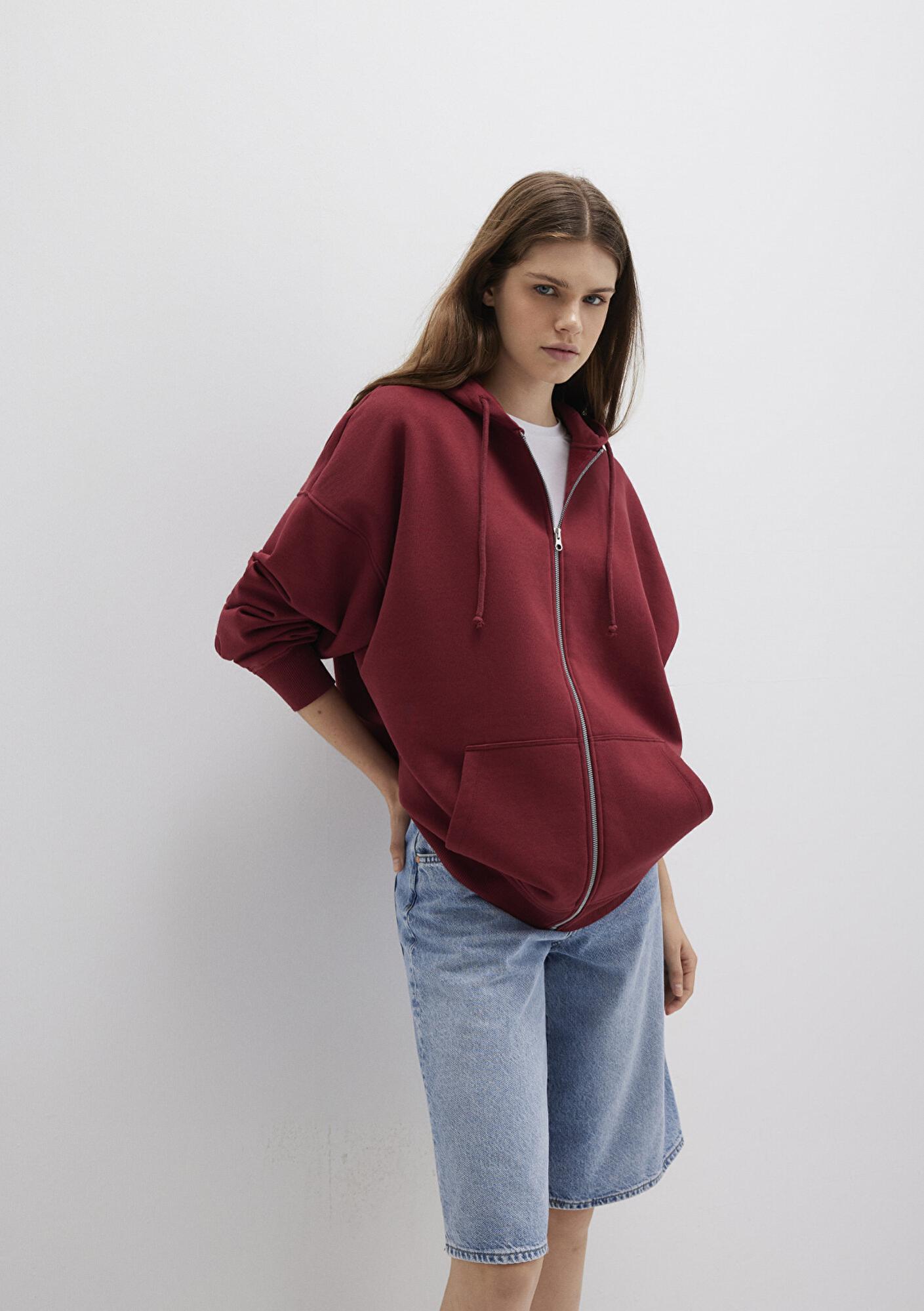 Mavi Kapüşonlu Fermuarlı Bordo Sweatshirt 1610221-85493