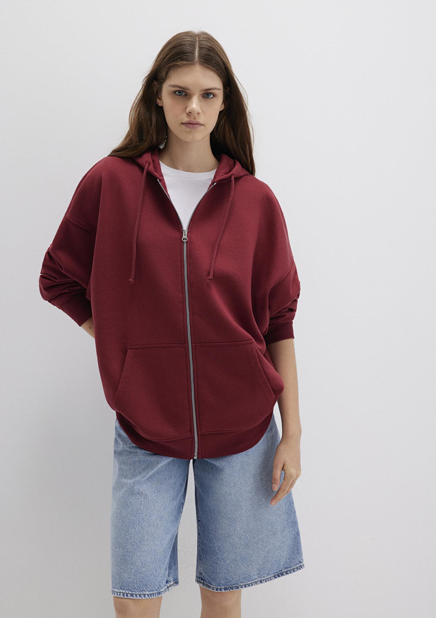 Mavi Kapüşonlu Fermuarlı Bordo Sweatshirt 1610221-85493