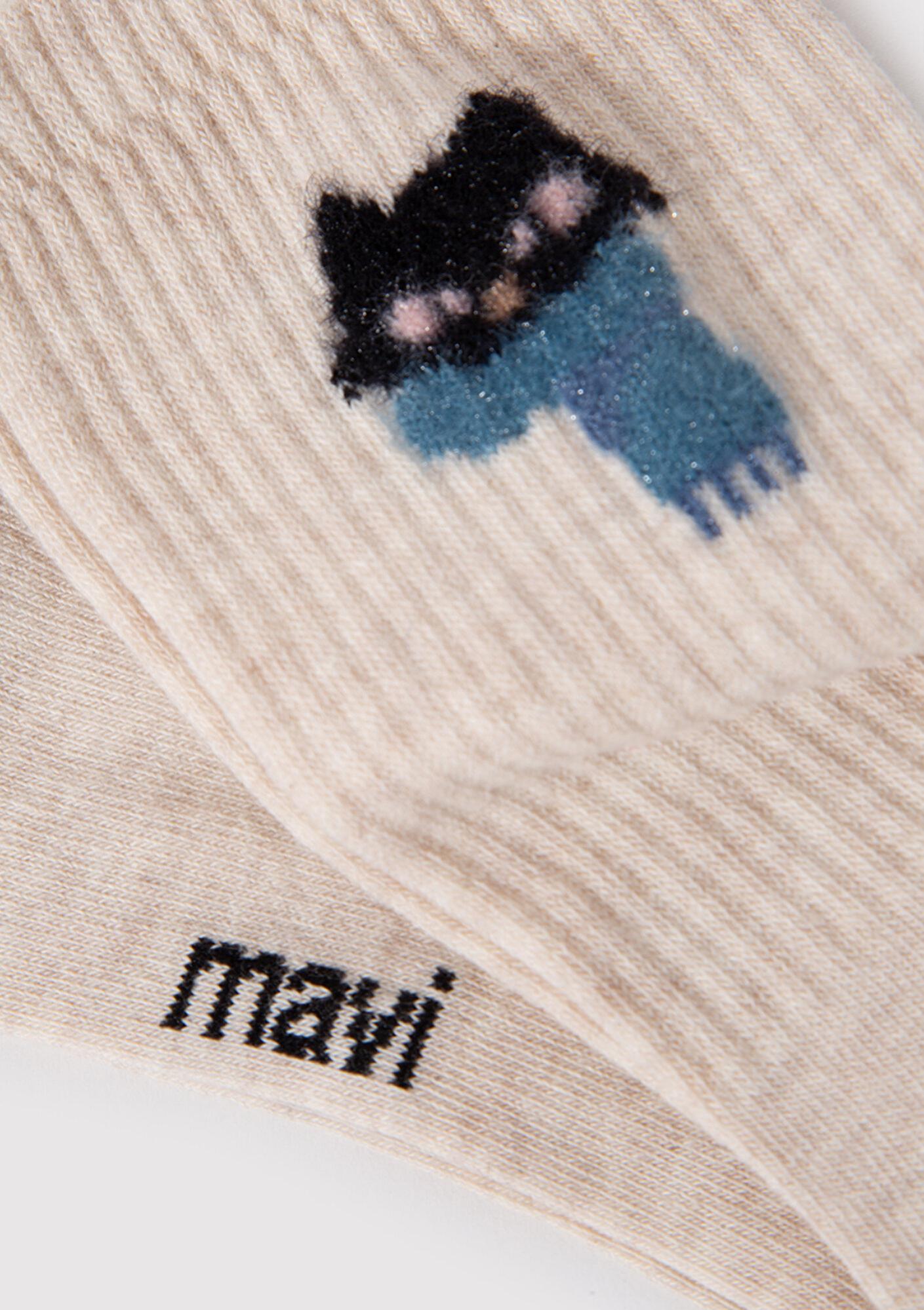 Mavi Kedi Baskılı Bej Soket Çorap 1912757-85929