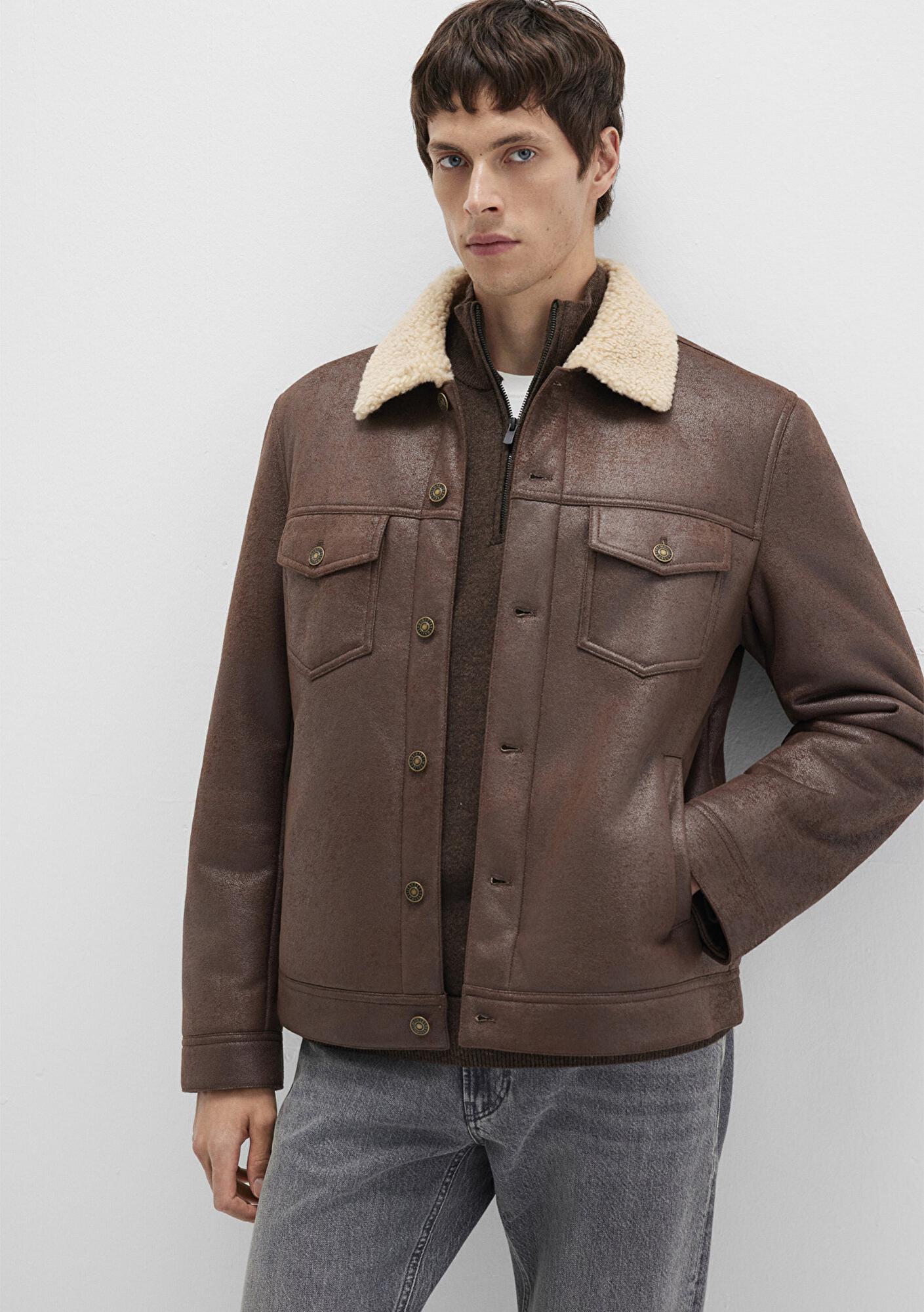 Mavi Suni Kürk Detaylı Kahverengi Suni Deri Ceket Regular Fit / Normal Kesim 0110460-71603