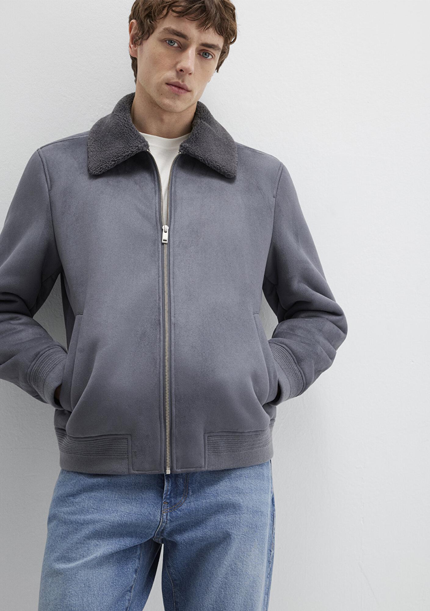 Mavi Suni Kürk Detaylı Gri Suni Süet Ceket Regular Fit / Normal Kesim 0110450-80776