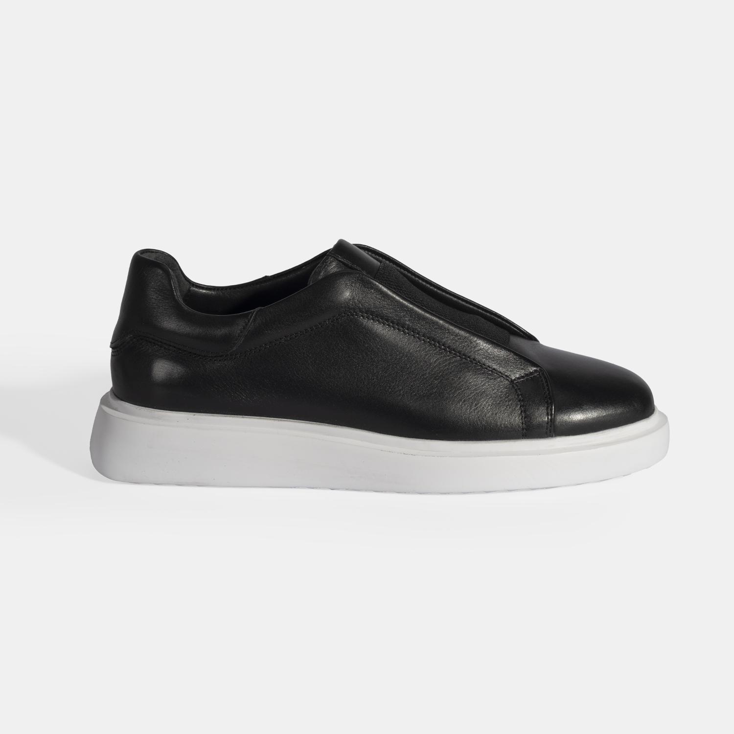 Siyah Erkek Lastik Detaylı Deri Günlük Ayakkabı