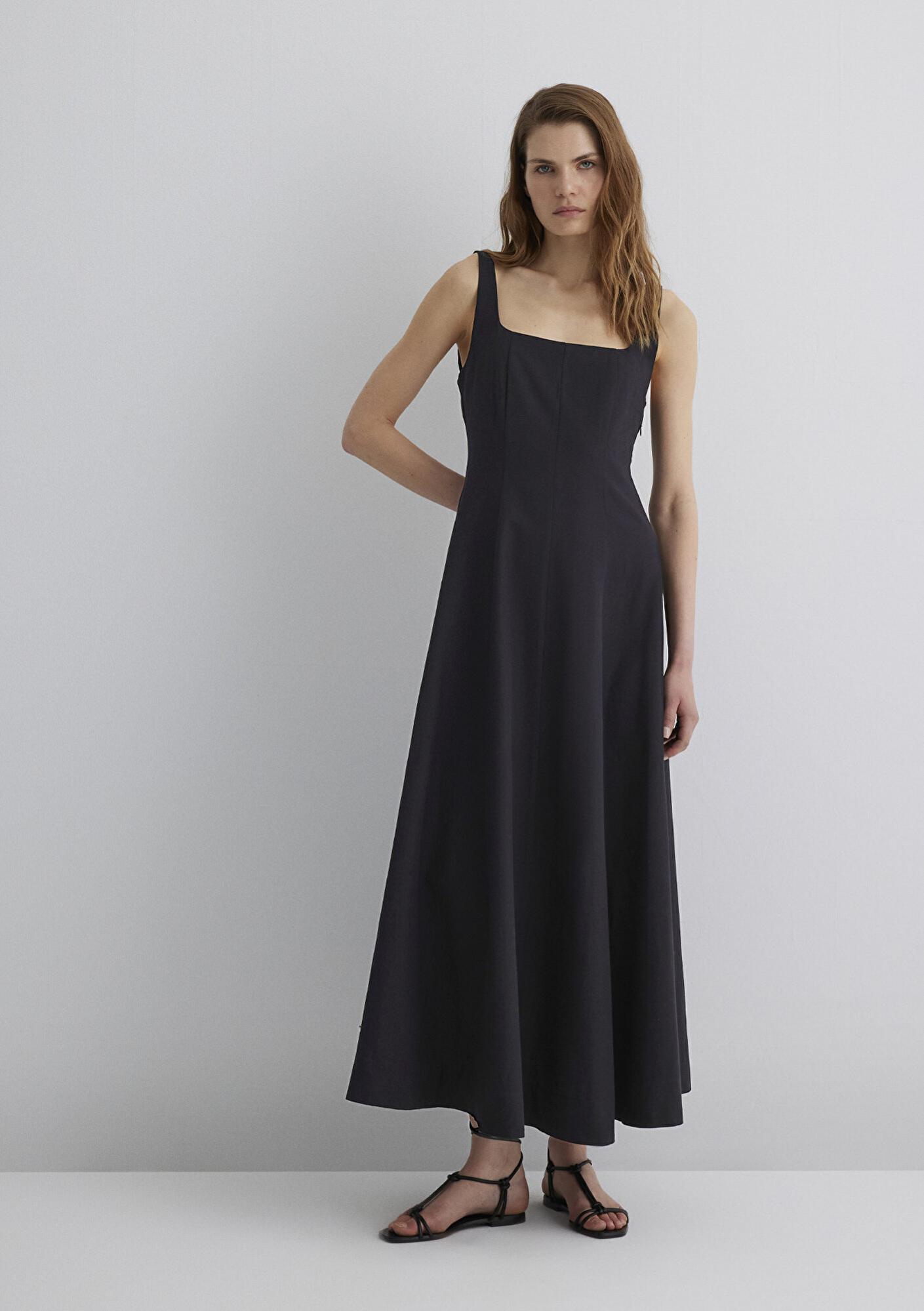 Mavi Askılı Siyah Uzun Elbise 1310479-900