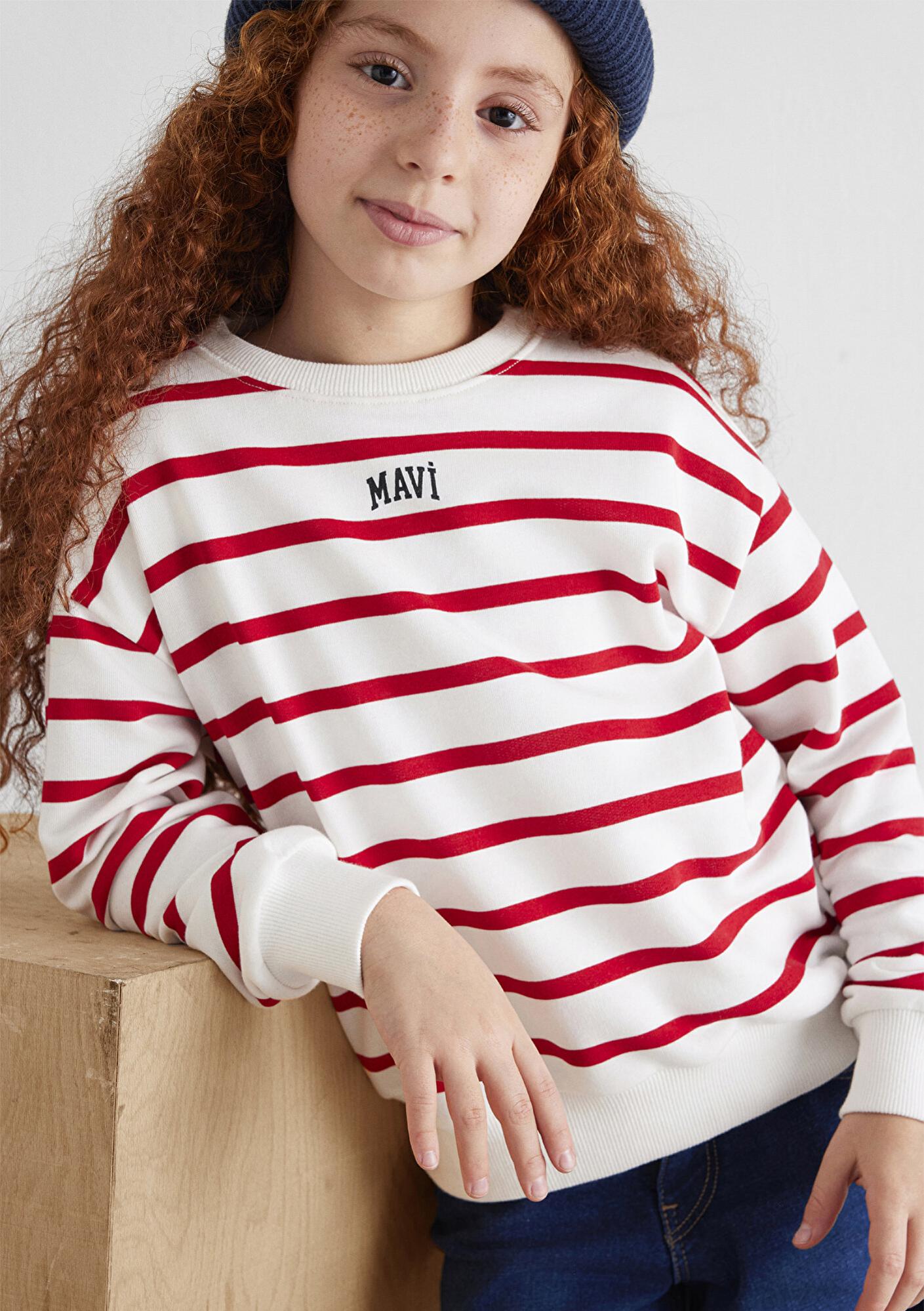 Mavi Mavi Logo Baskılı Kırmızı Çizgili Sweatshirt 7S10038-82054