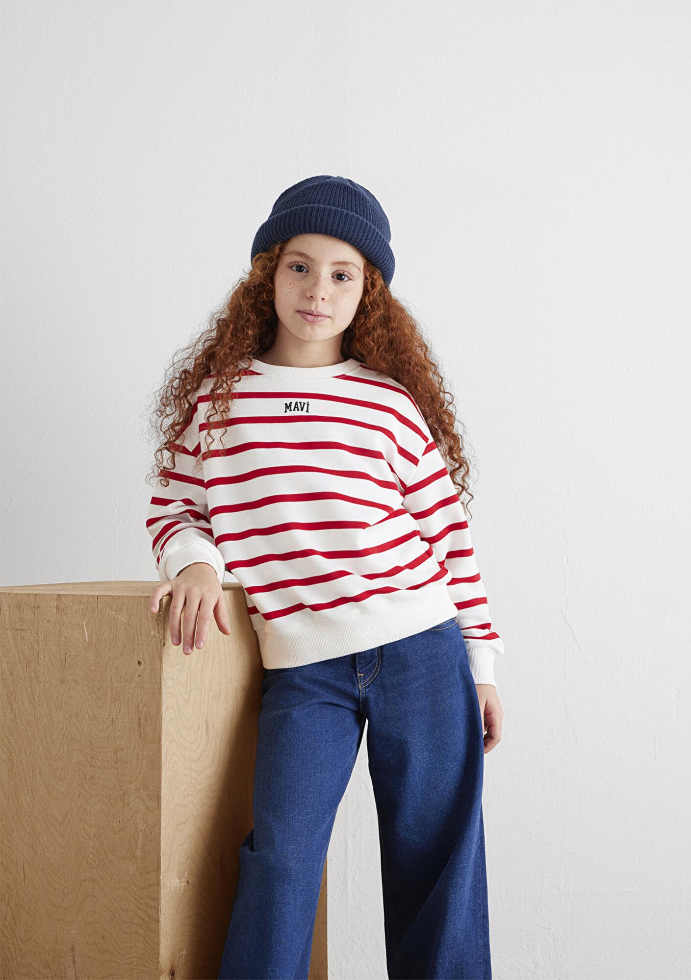 Mavi Mavi Logo Baskılı Kırmızı Çizgili Sweatshirt 7S10038-82054