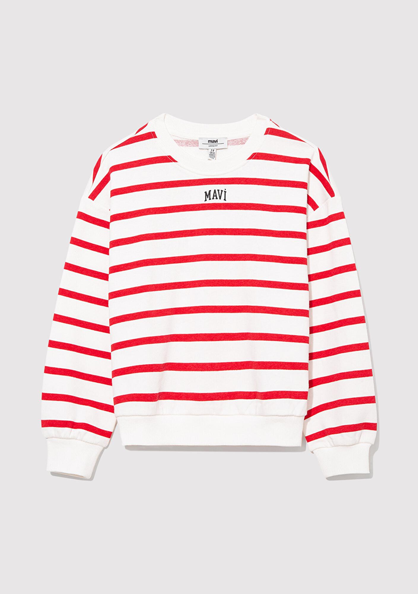 Mavi Mavi Logo Baskılı Kırmızı Çizgili Sweatshirt 7S10038-82054