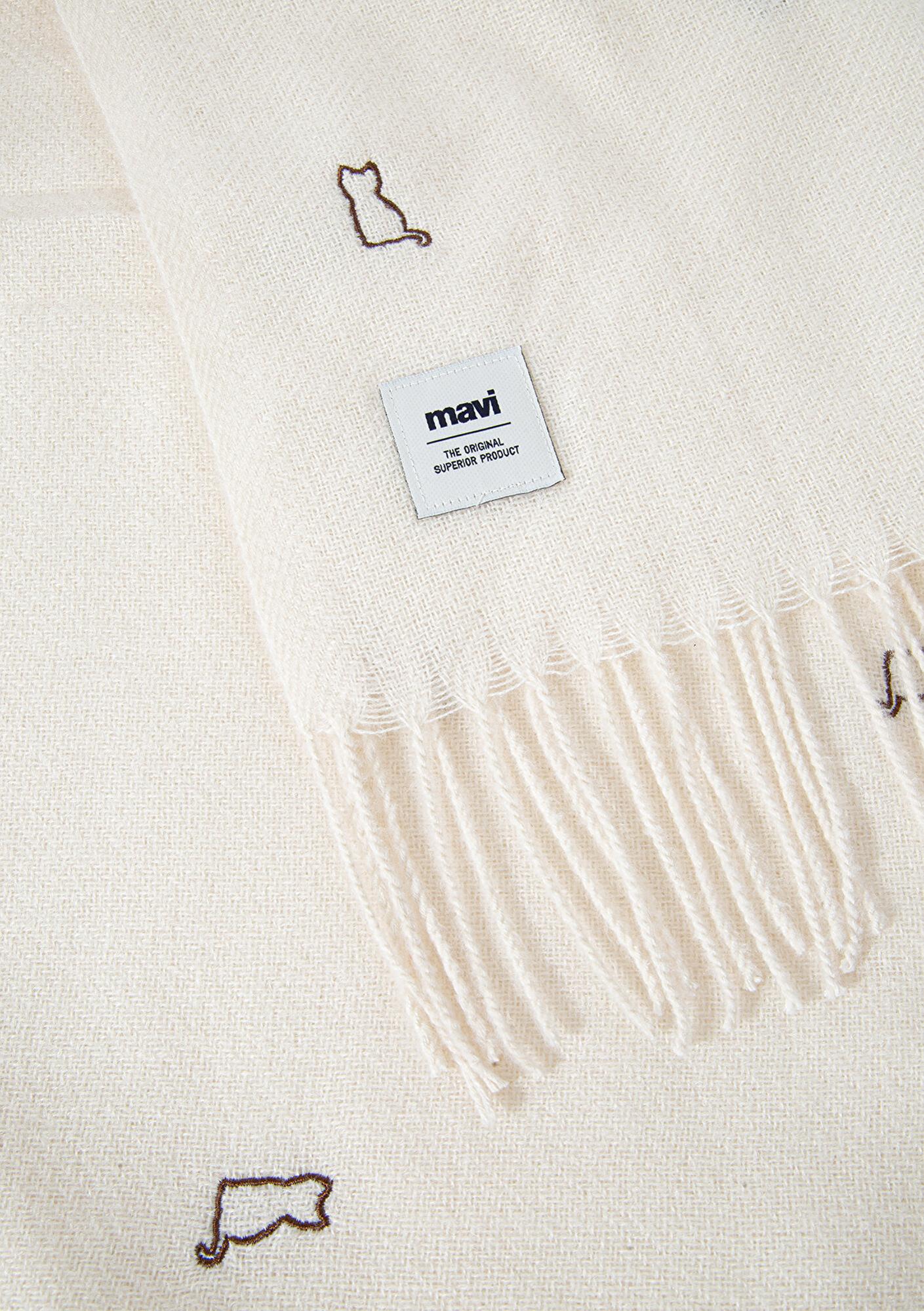 Mavi Kedi Nakışlı Ekru Atkı 1911730-34523