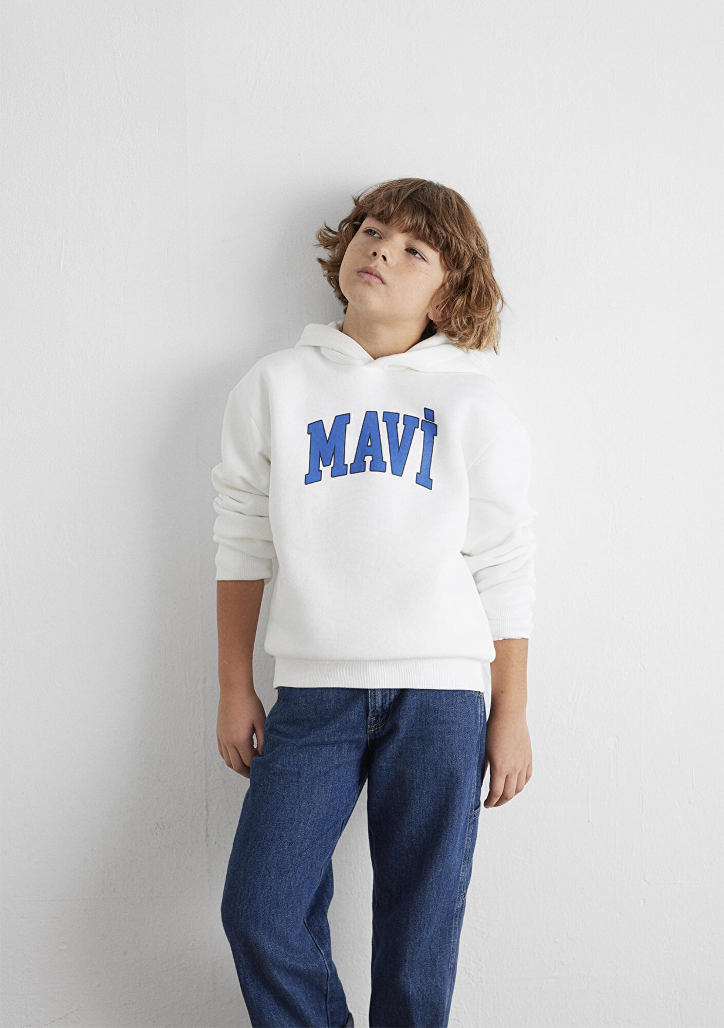 Mavi Mavi Logo Baskılı Beyaz Kapüşonlu Sweatshirt 6610110-70057