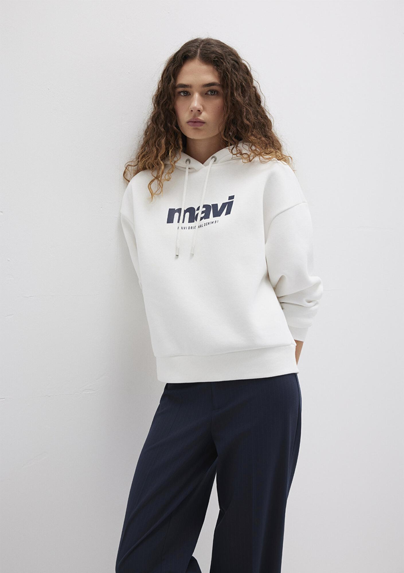Mavi Mavi Logo Baskılı Kapüşonlu Ekru Sweatshirt 168334-81964