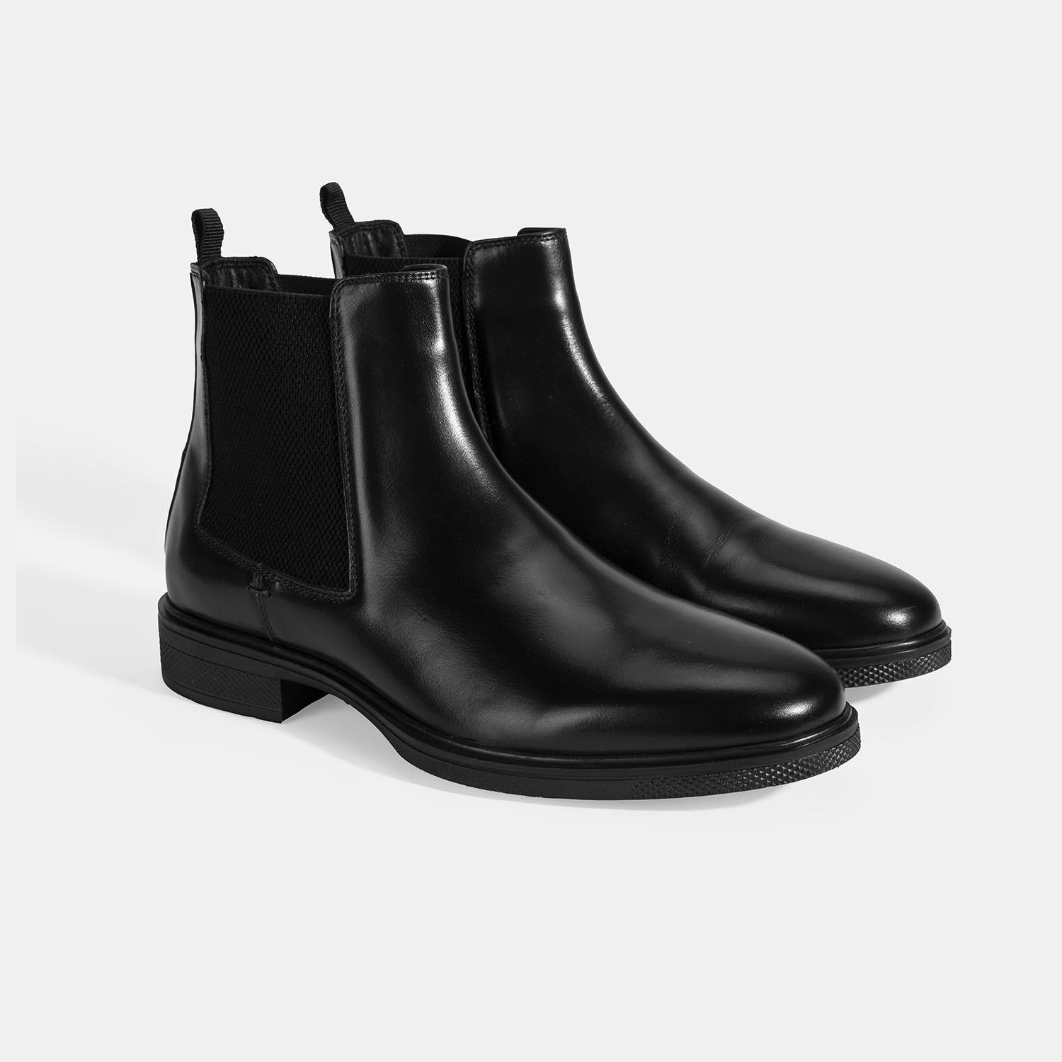 Erkek Siyah Lastik Detaylı Deri Bot