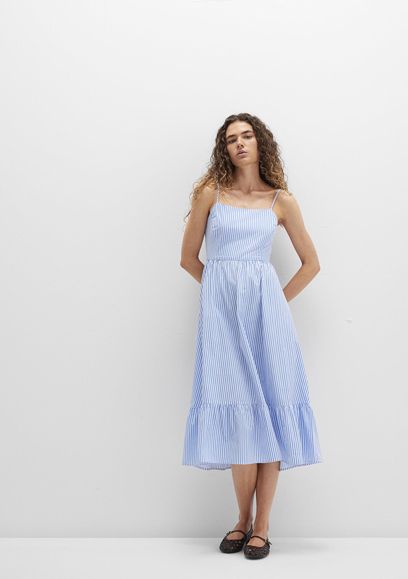 Mavi Fiyonk Detaylı Çizgili Mavi Elbise 1310795-86599