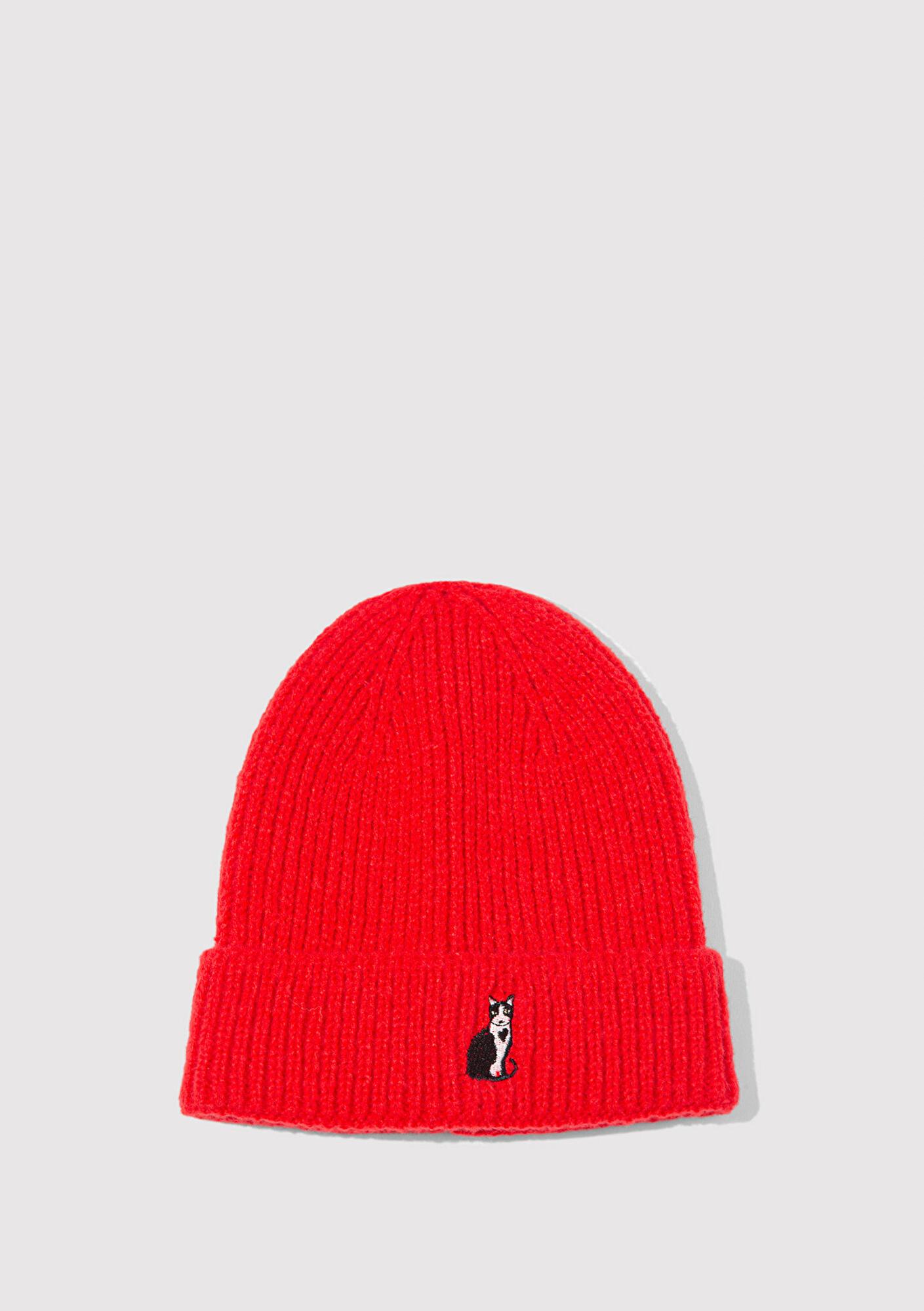 Mavi Kedi Nakışlı Kırmızı Bere 1913939-10076