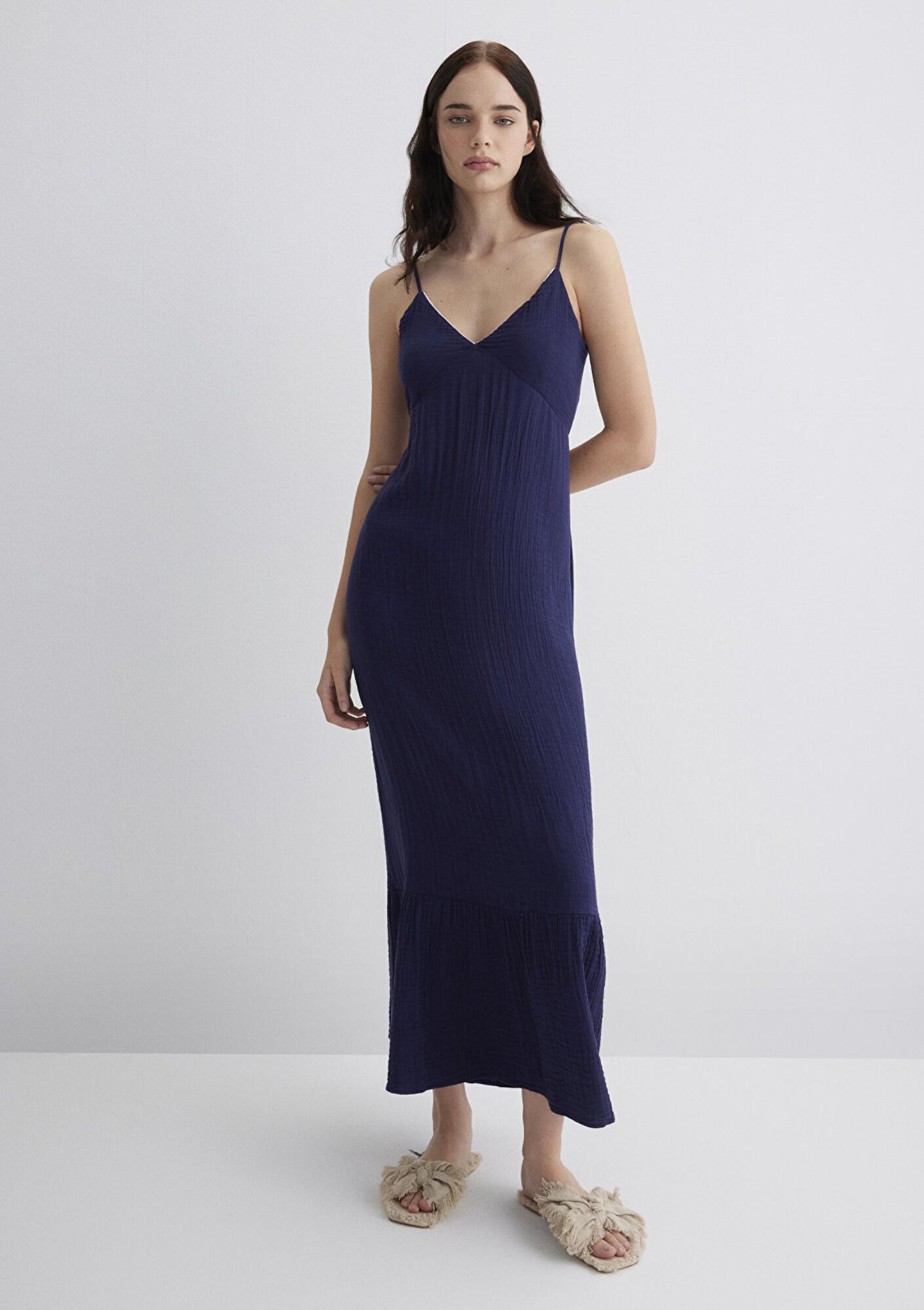 Mavi Keten Karışımlı Lacivert Elbise 1310797-70495