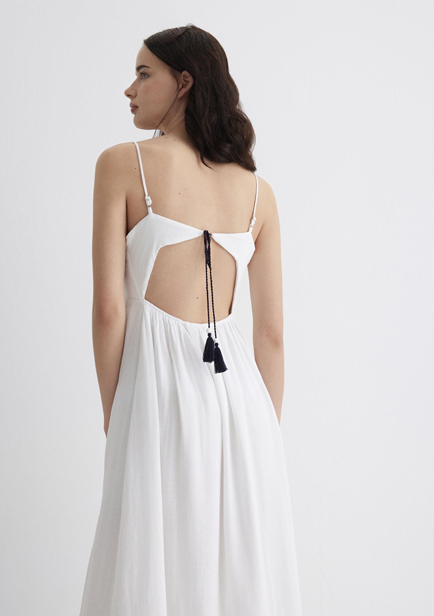 Mavi Keten Karışımlı Beyaz Elbise 1310797-620