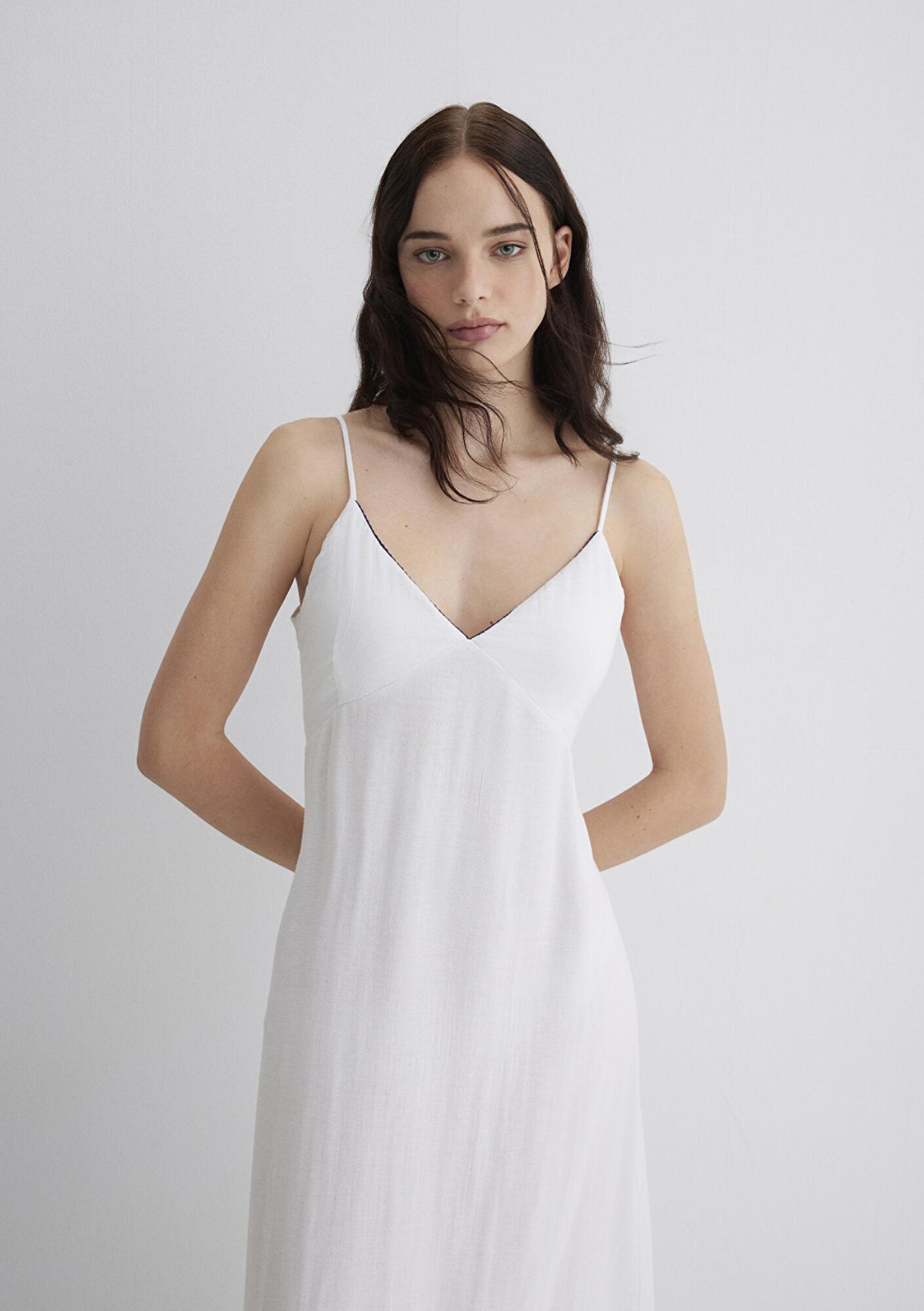 Mavi Keten Karışımlı Beyaz Elbise 1310797-620