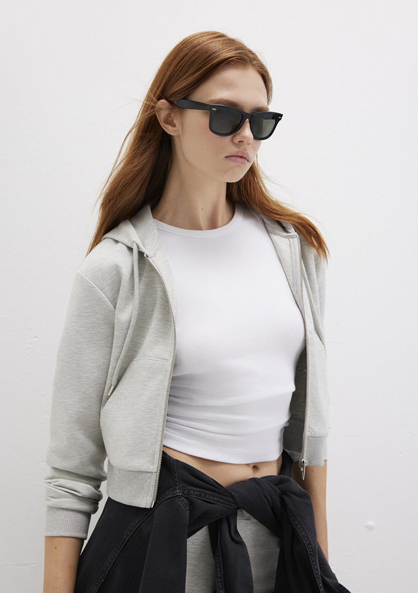 Mavi Kapüşonlu Gri İnterlok Sweatshirt 1S10424-88467