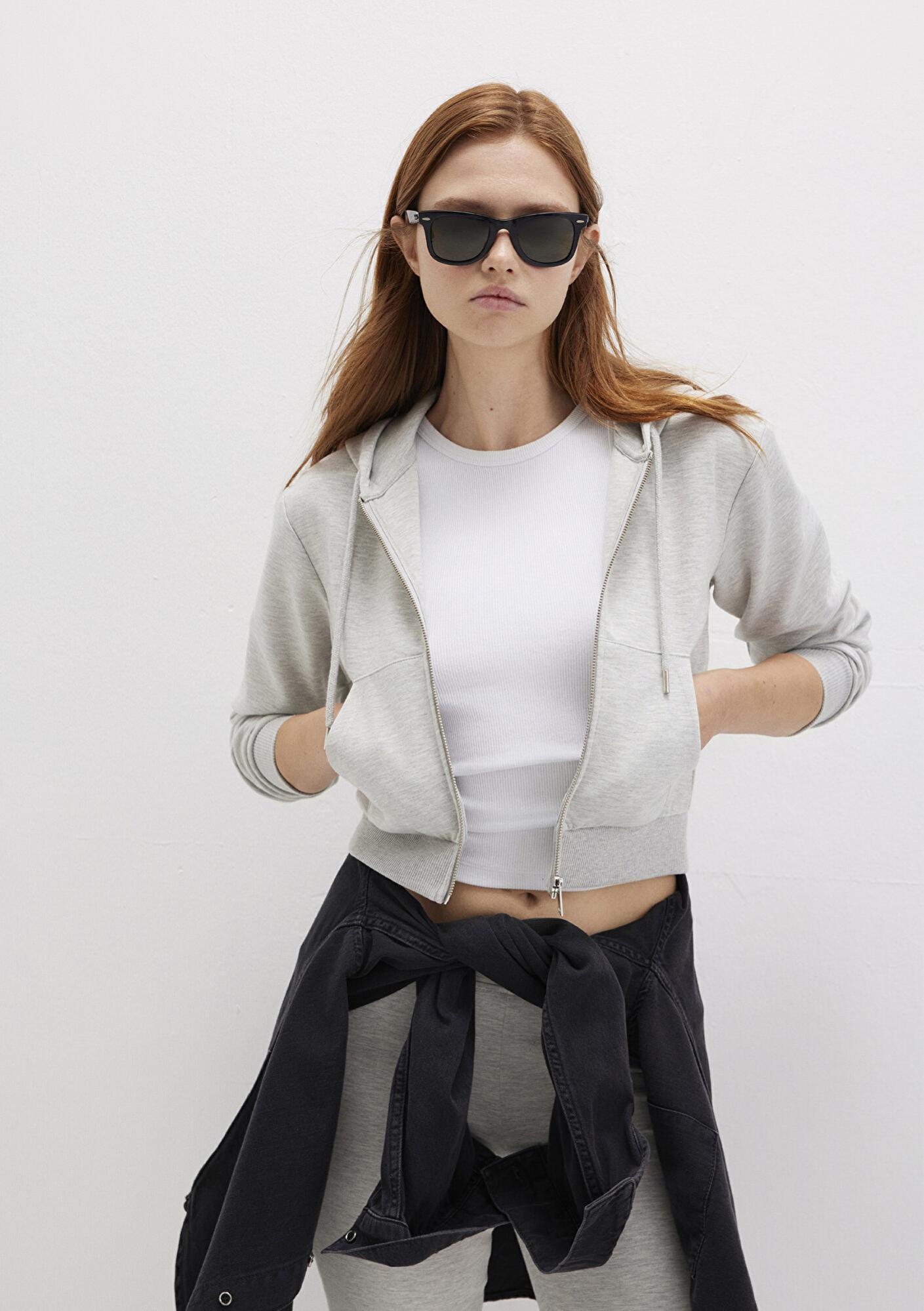 Mavi Kapüşonlu Gri İnterlok Sweatshirt 1S10424-88467