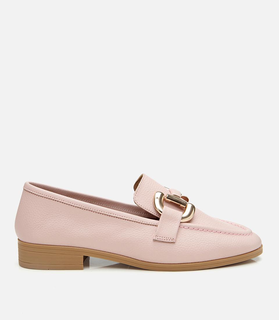 Kadın Deri Pembe Tokalı Günlük Loafer
