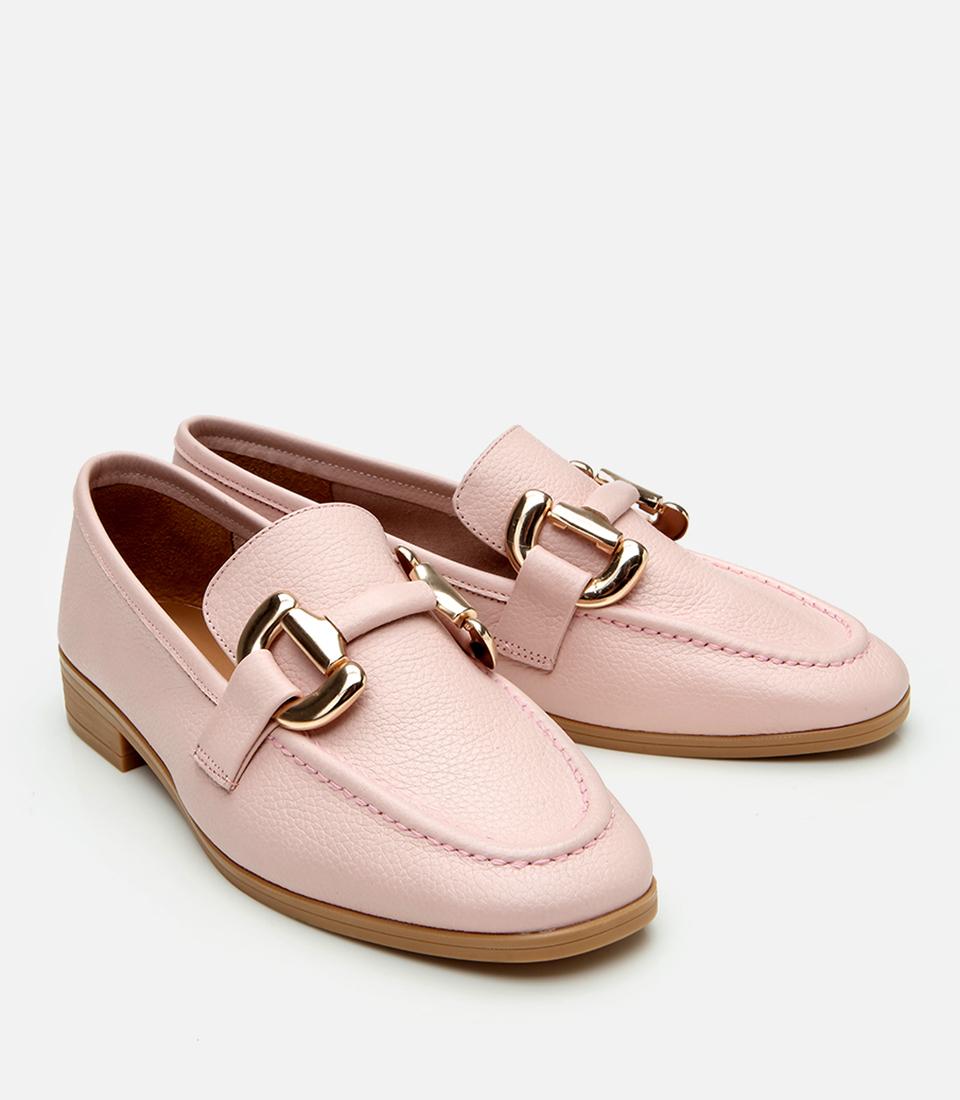Kadın Deri Pembe Tokalı Günlük Loafer