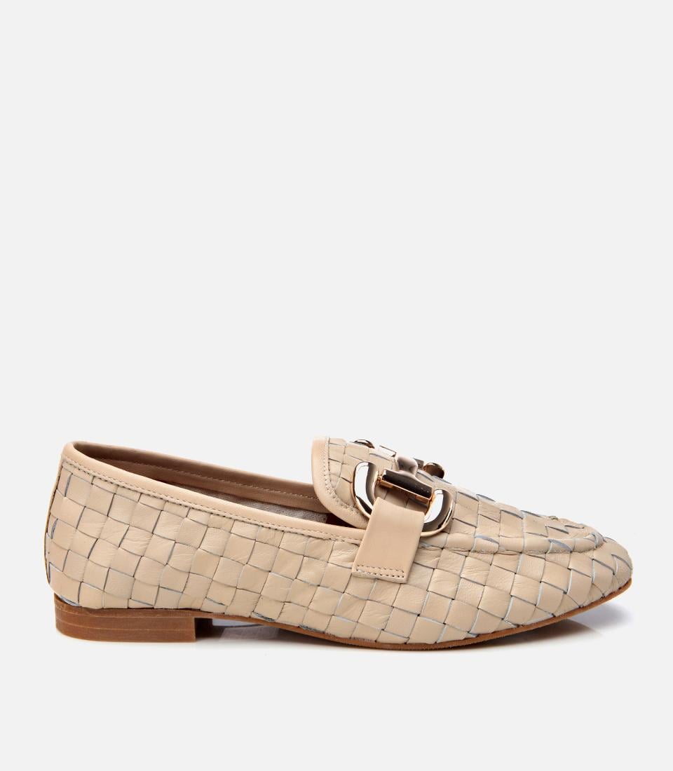 Kadın Deri Bej Örgü Detaylı Tokalı Klasik Loafer