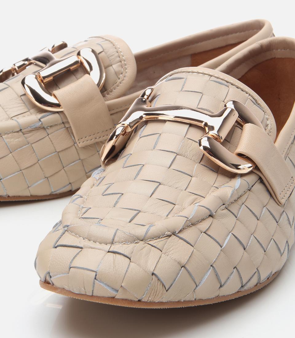 Kadın Deri Bej Örgü Detaylı Tokalı Klasik Loafer