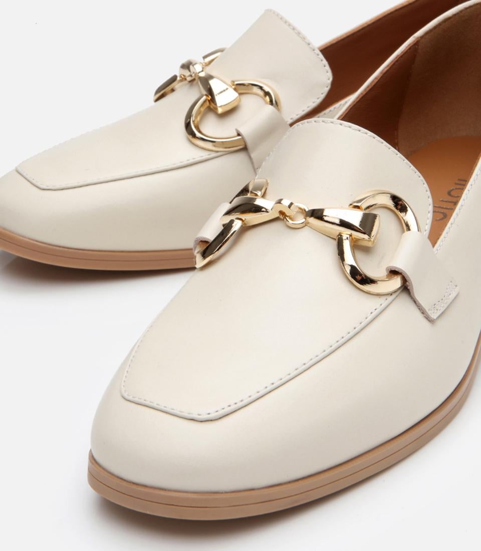 Kadın Deri Ekru Tokalı Klasik Loafer