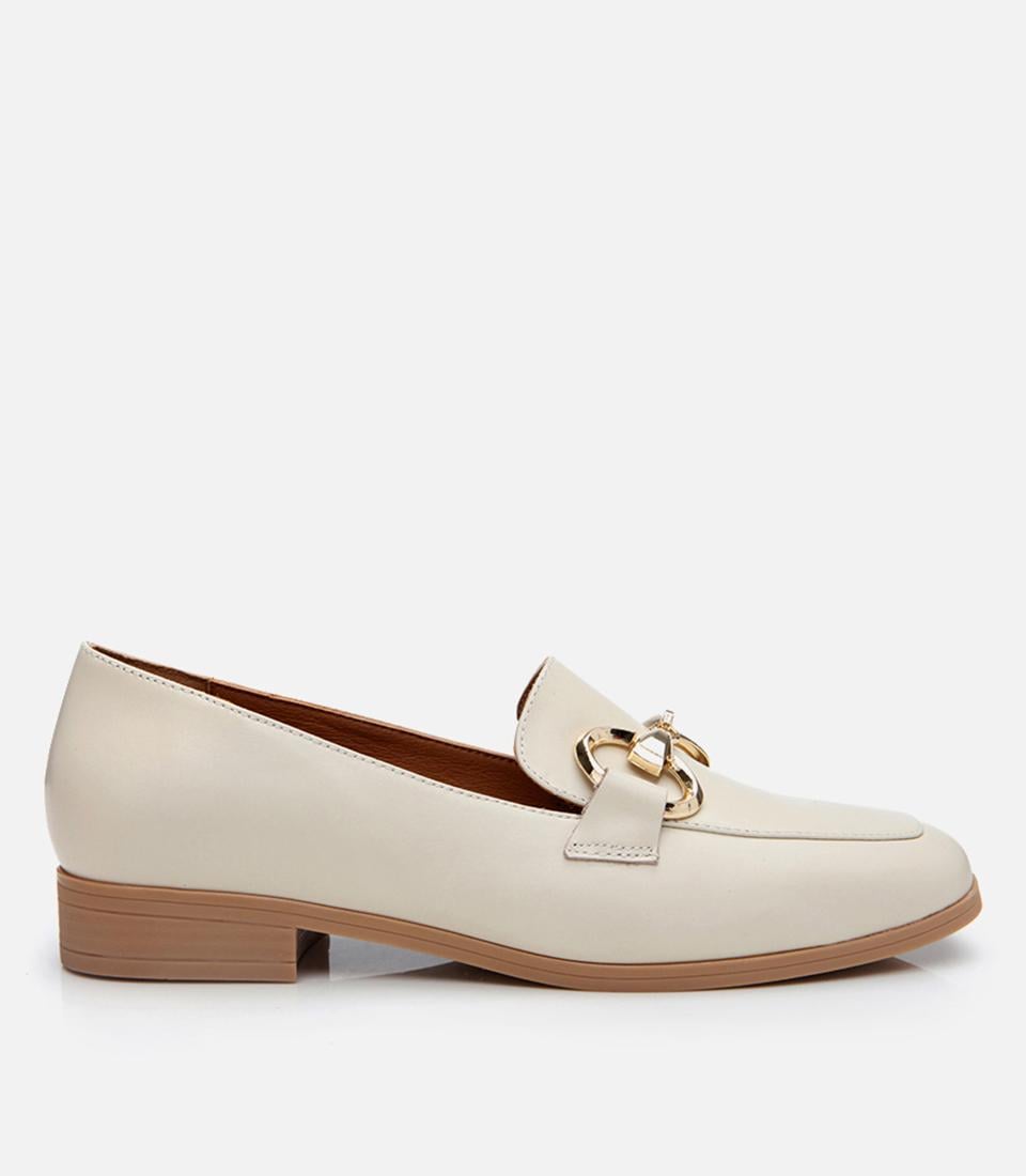 Kadın Deri Ekru Tokalı Klasik Loafer