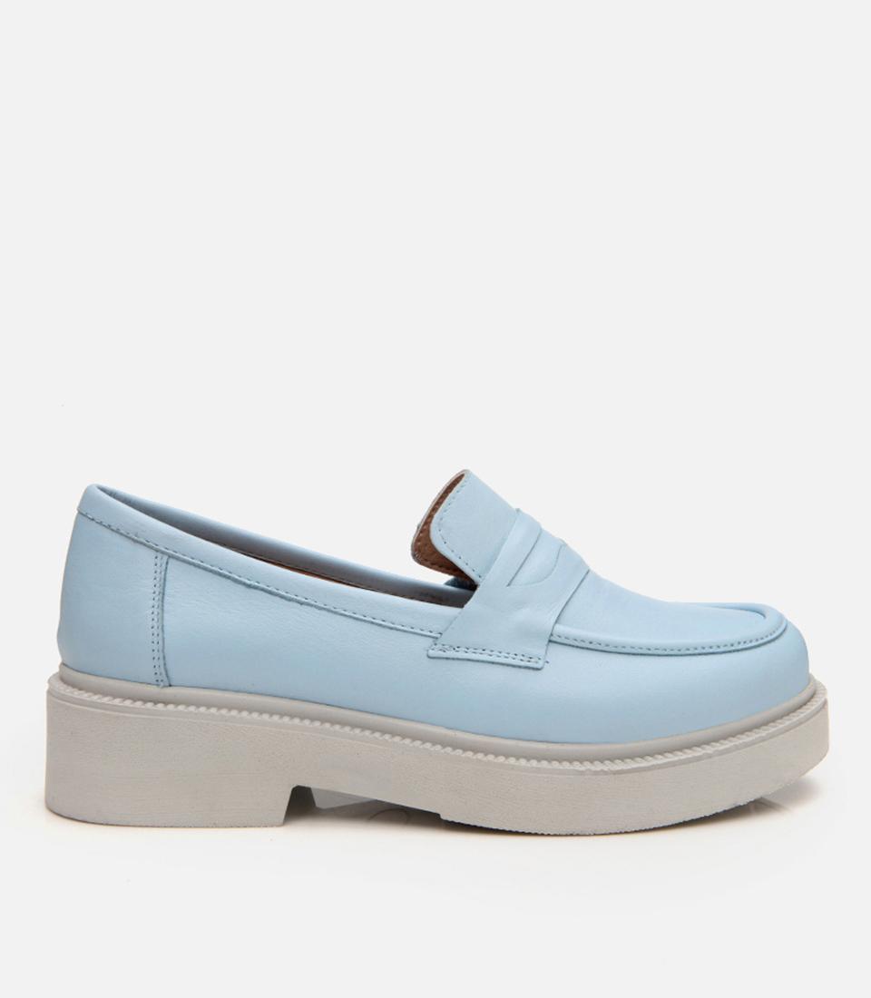 Kadın Deri Mavi Kalın Tabanlı Klasik Loafer