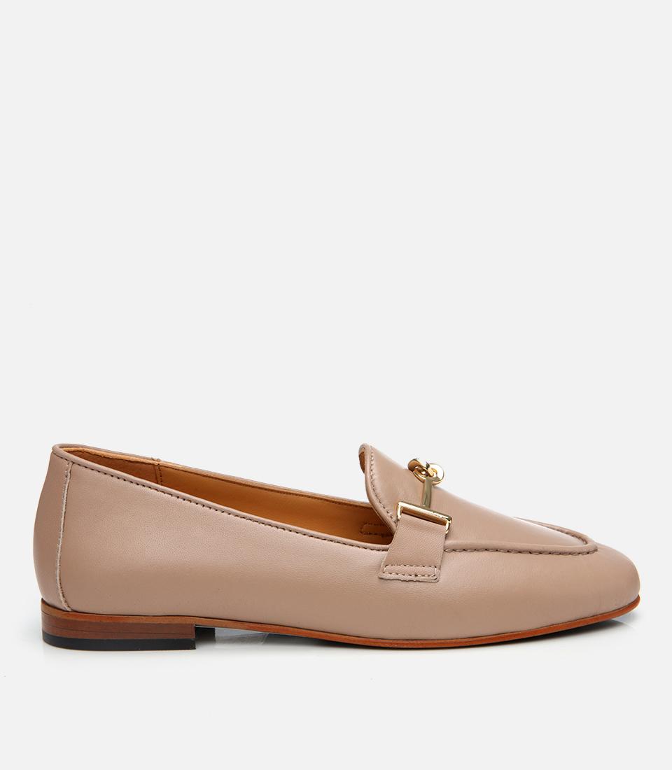 Kadın Deri Bej Tokalı Klasik Loafer