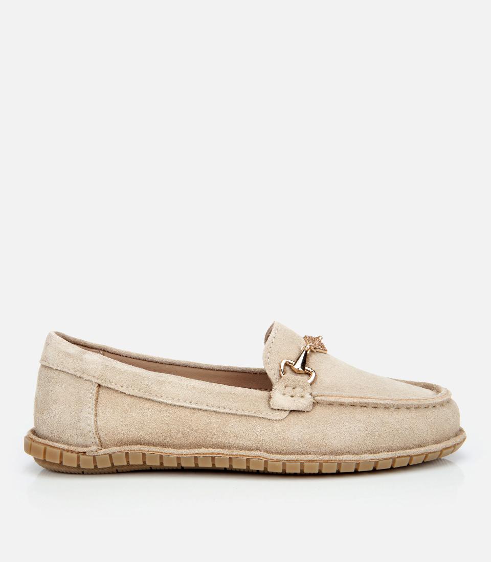 Kadın Süet Deri Bej Esnek Tabanlı Tokalı Günlük Loafer