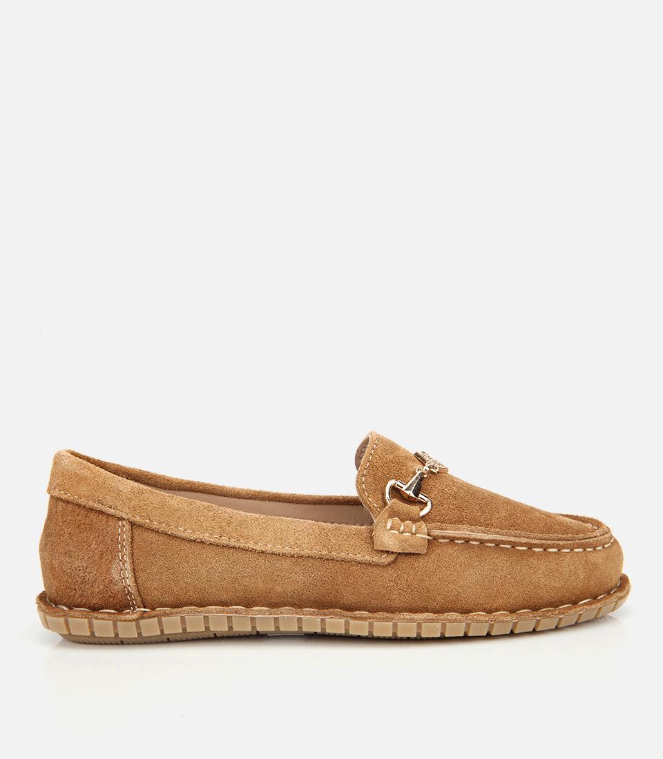 Kadın Süet Deri Taba Esnek Tabanlı Tokalı Günlük Loafer