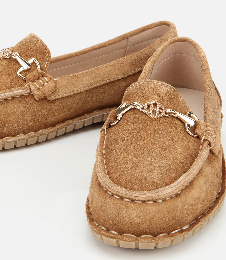 Kadın Süet Deri Taba Esnek Tabanlı Tokalı Günlük Loafer