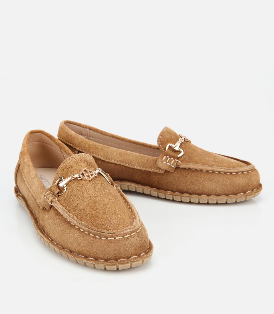 Kadın Süet Deri Taba Esnek Tabanlı Tokalı Günlük Loafer