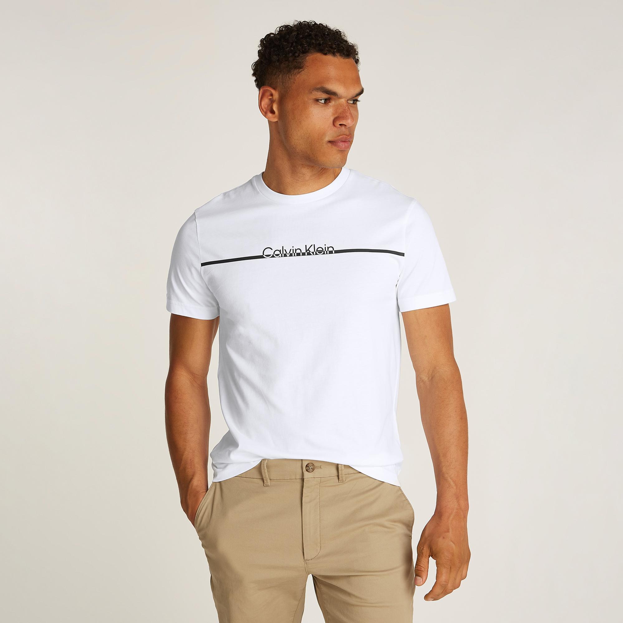 Calvin Klein Split Line Logo Erkek Beyaz T-Shirt