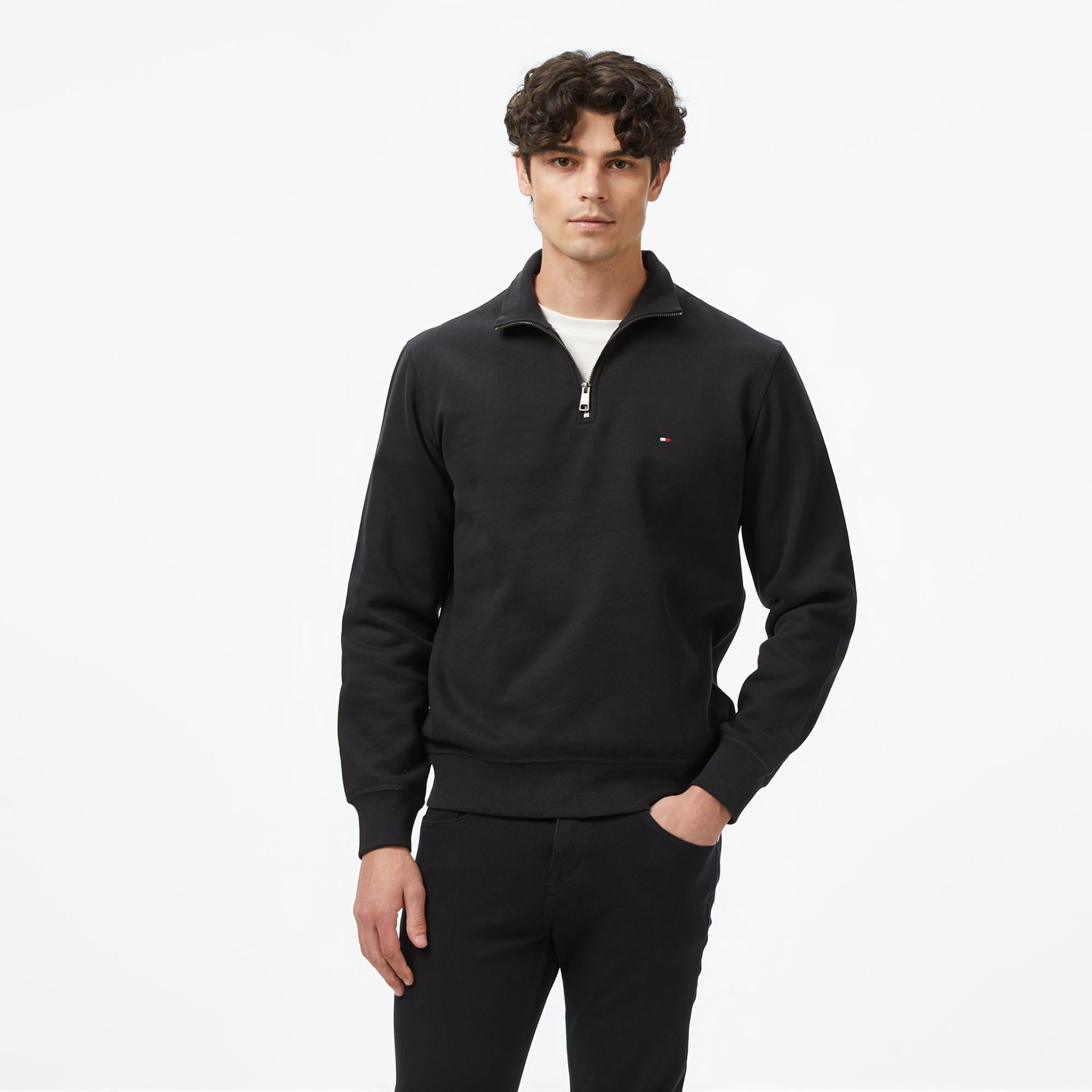 Tommy Hilfiger Essential Fleece 1/4 Erkek Yarım Fermuarlı Siyah Sweatshirt
