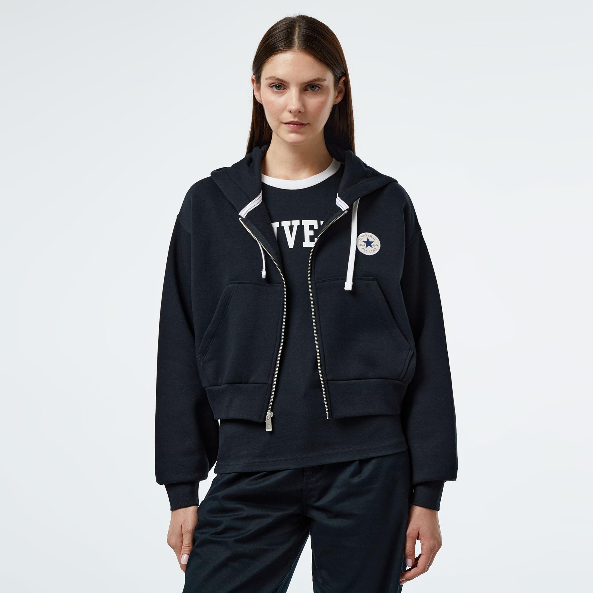 Converse Kadın Baskılı Siyah Fermuarlı Hoodie