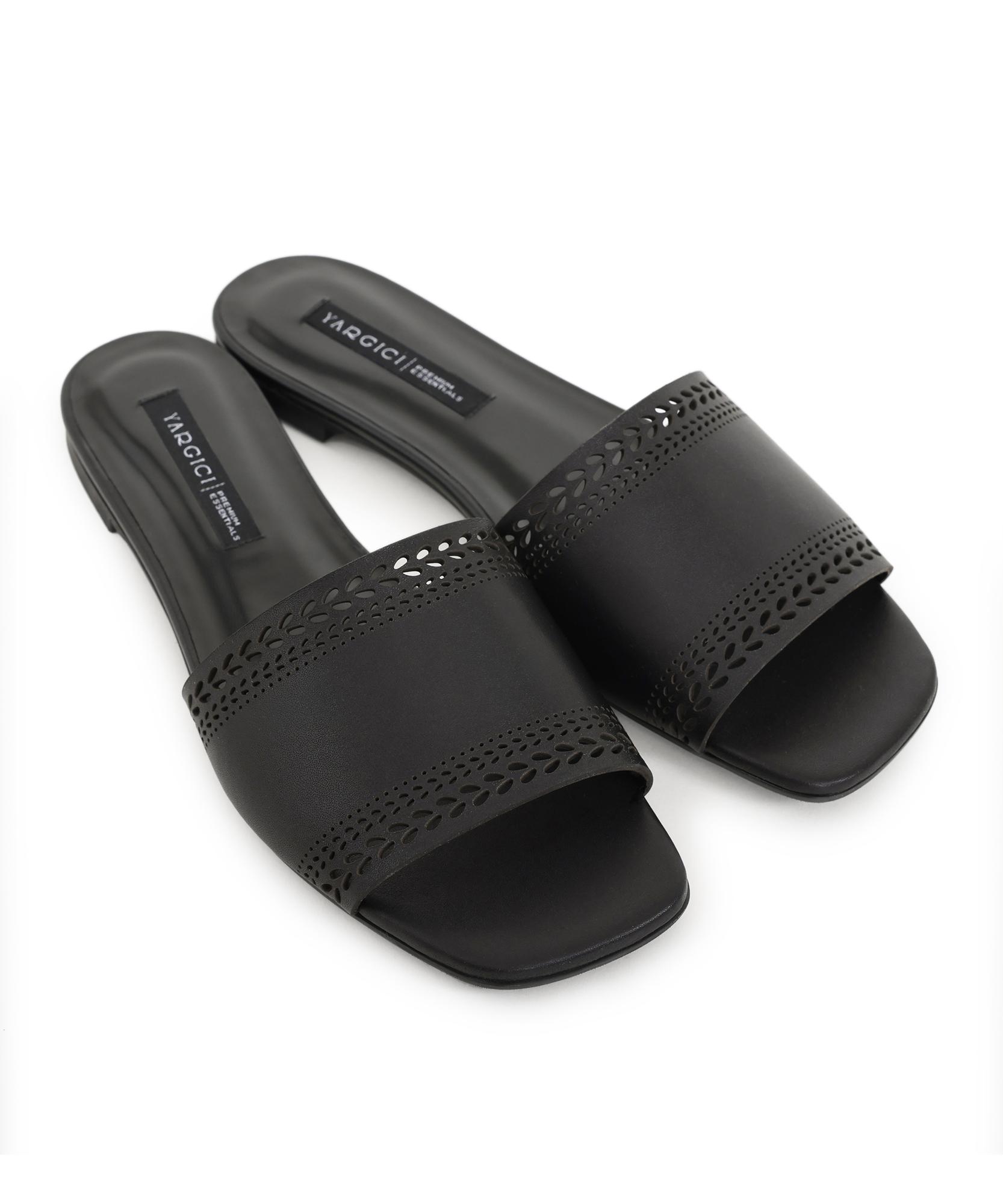 YARGICI Lazer Kesim Deri Düz Terlik