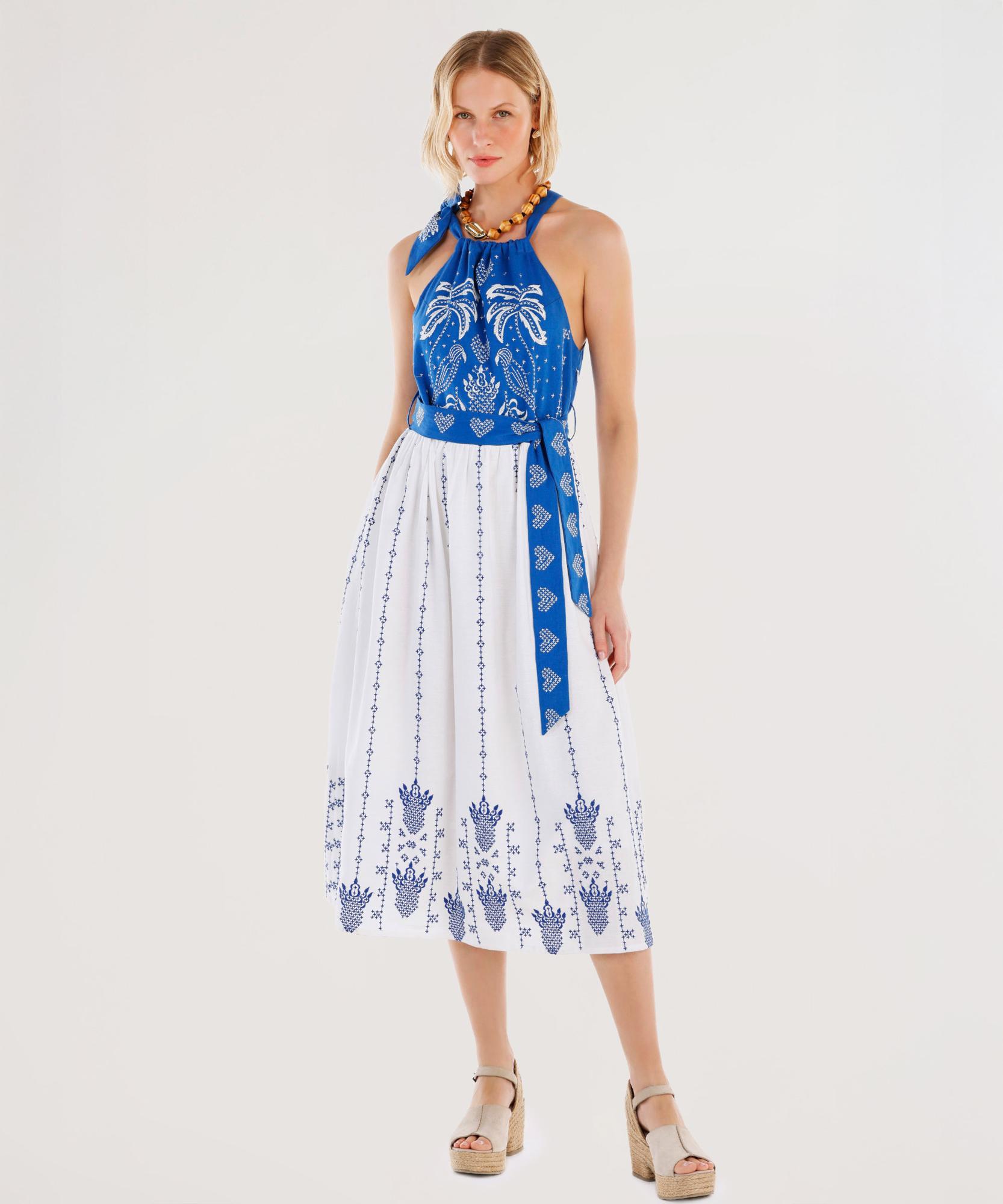 YARGICI Nakış Detaylı Kemerli Kolsuz Uzun Elbise