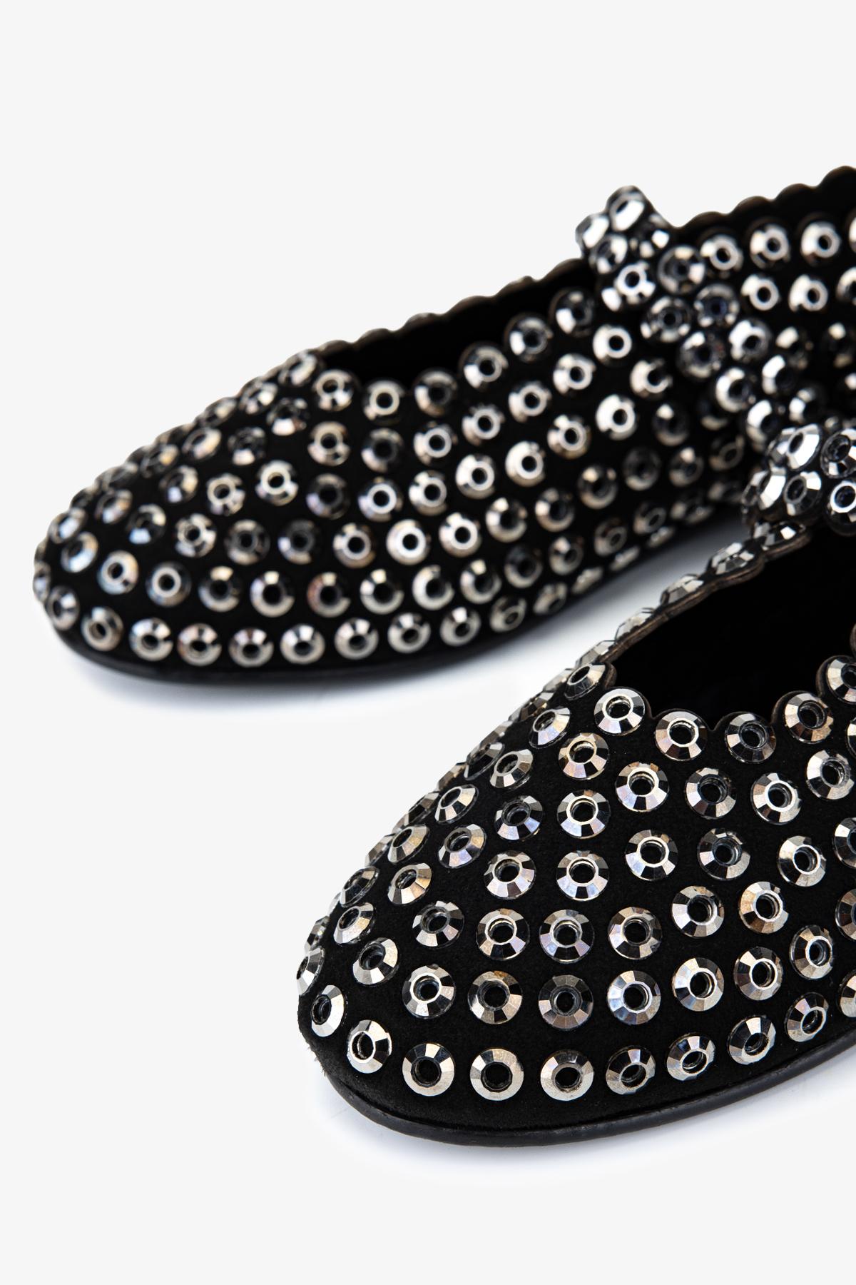 Valmenti Kadın Hakiki Deri Siyah/Beyaz Taş Babet Ayakkabı