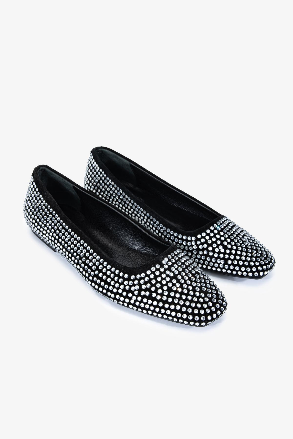 Valmenti Kadın Hakiki Deri Siyah/Beyaz Taş Babet Ayakkabı