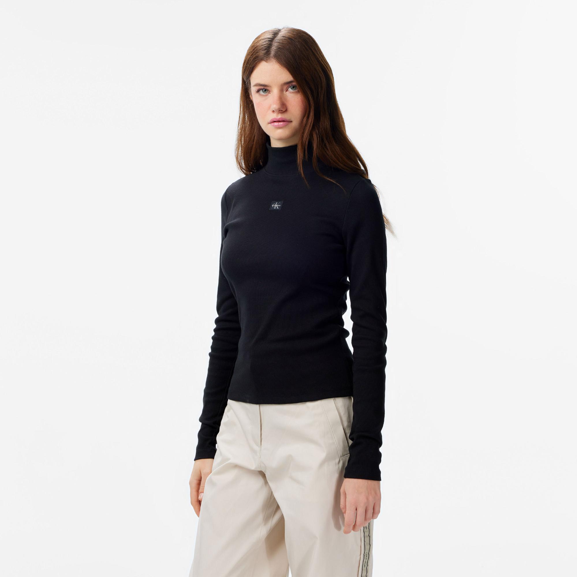Calvin Klein Woven Label Turtleneck Kadın Siyah Kazak