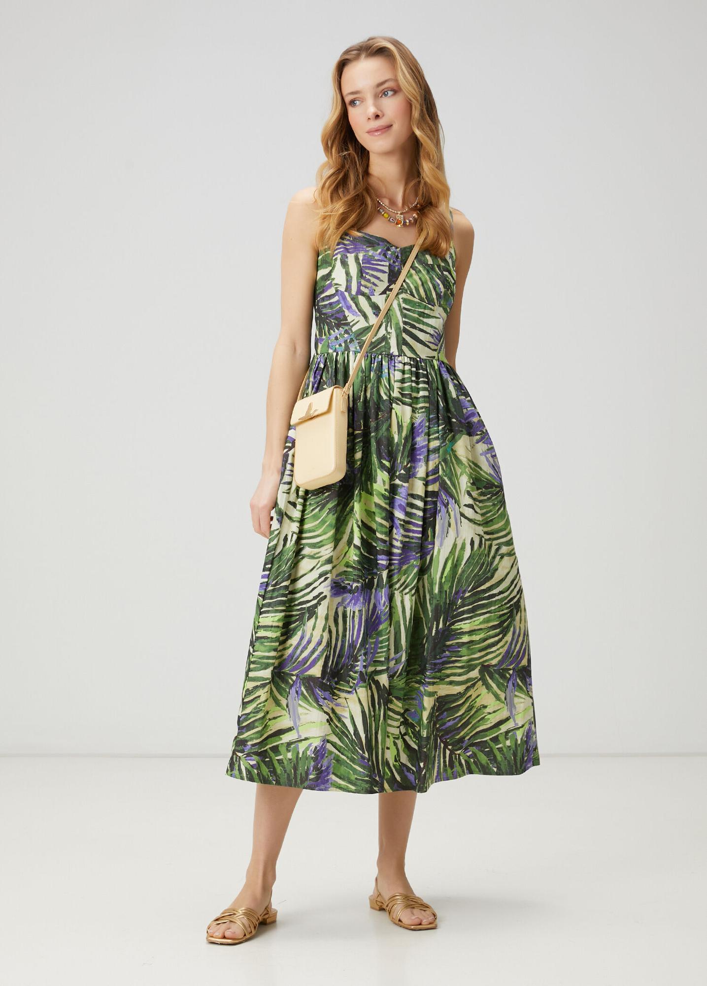 Beymen Club Kadın Yeşil Palmiye Desenli Midi Poplin Elbise